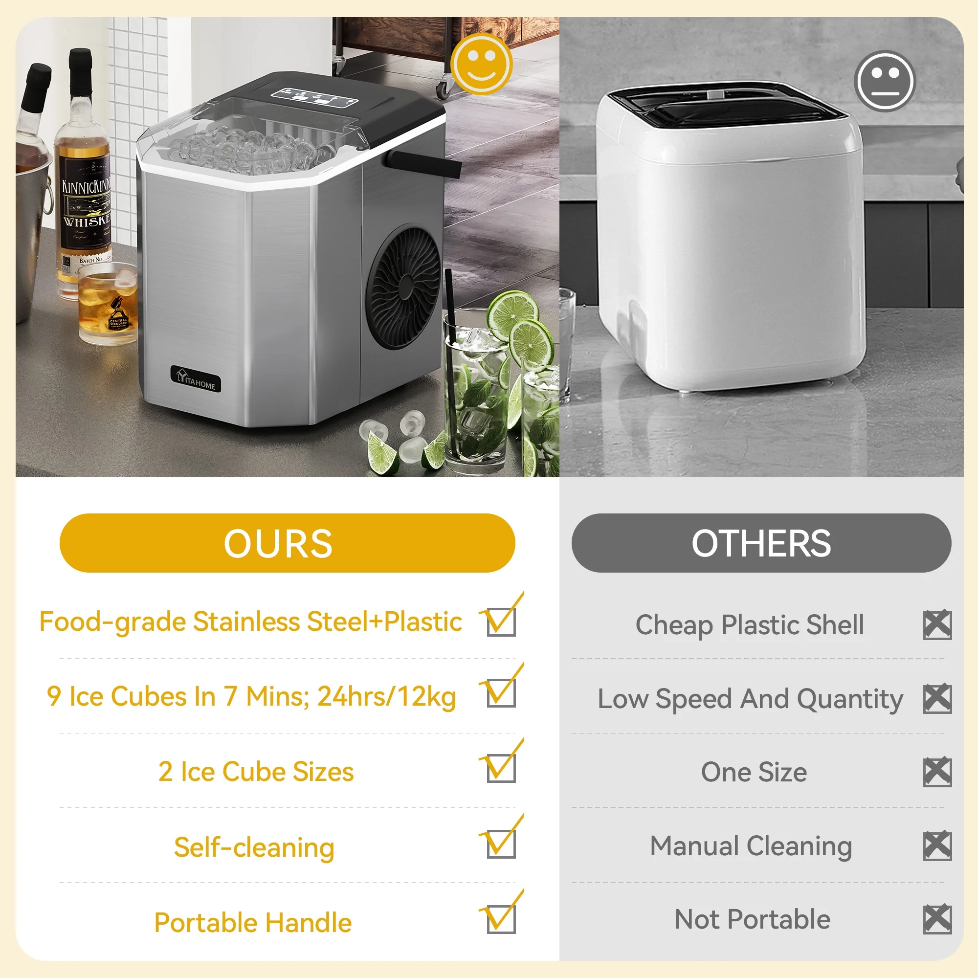 Dextrus Countertop Ice Maker 9 Cubes/6MIN, 26LBS/24H Upgraded Stainless Steel Portable Ice Machine with Carry Handle & Ice Scoop & Basket, Self-Cleaning Small Under Counter Ice Maker