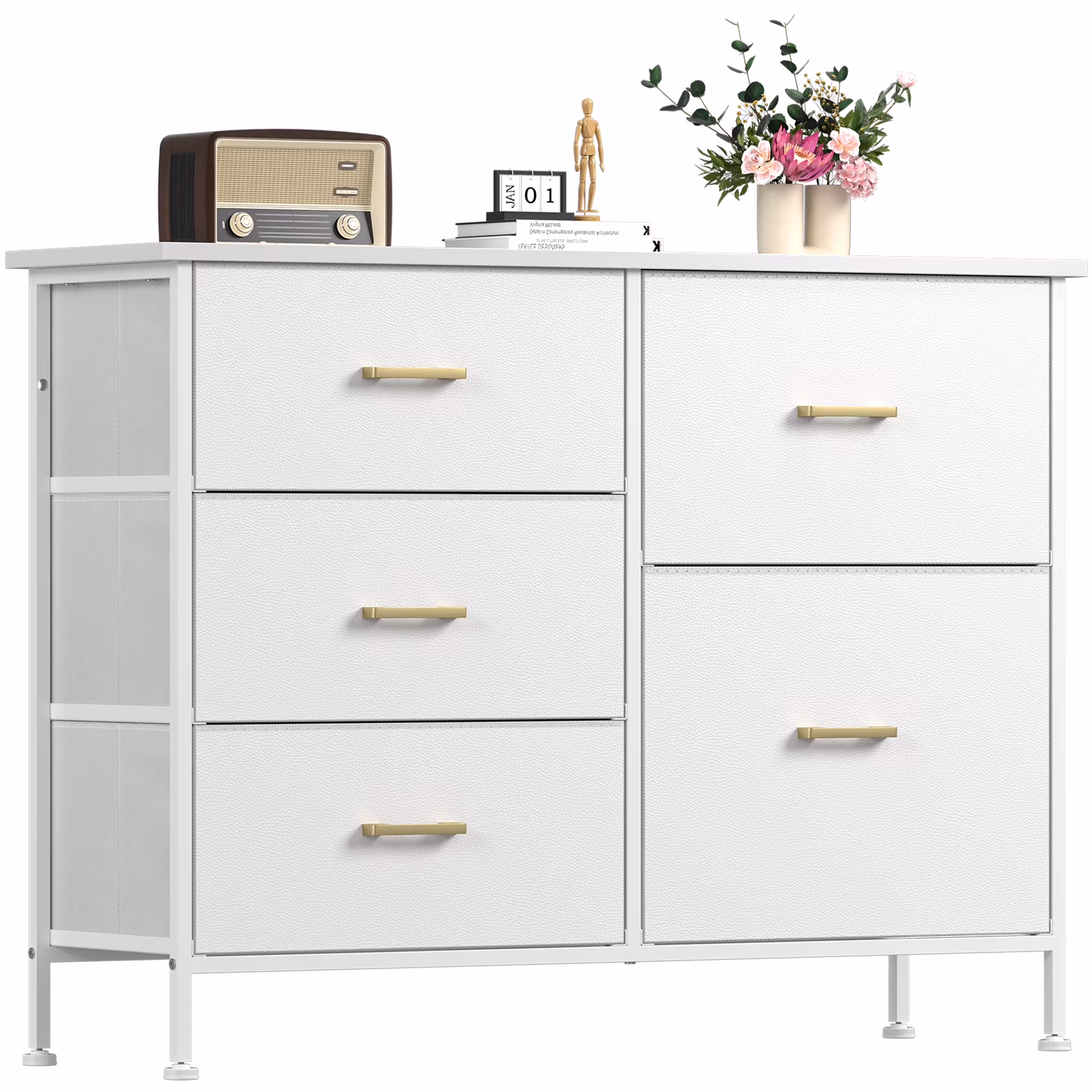 Dresser with 5 Drawers, Large Standing Organizer Chest , Tv Stand, White Dresser, Sturdy Steel Frame, White Dresser for Closet Organizers and Storage, Living Room, Hallway, Wide Dresser with Fabric