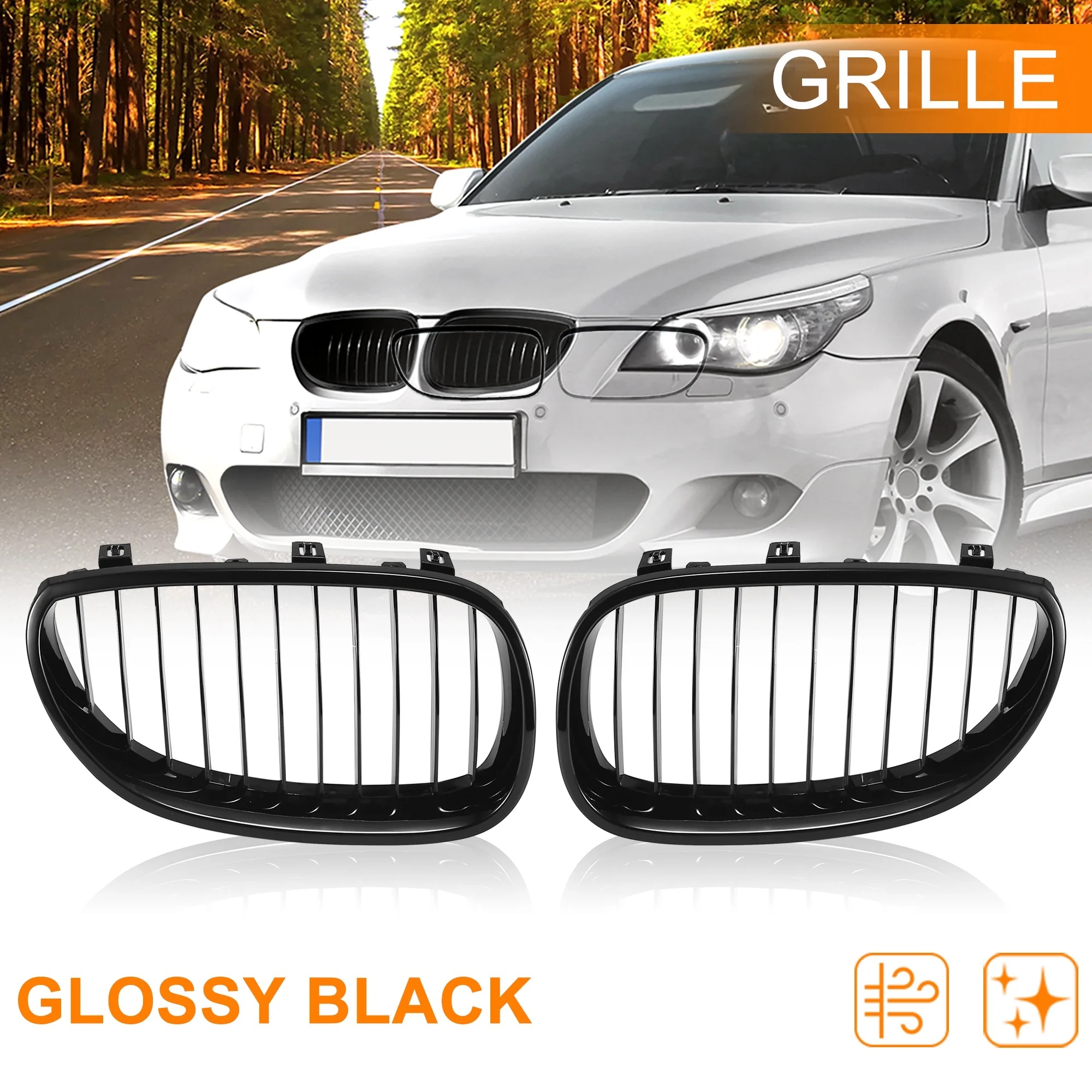 Pair Vehicle Front Grille Hood Kidney Grille for BMW E60 2003-2009