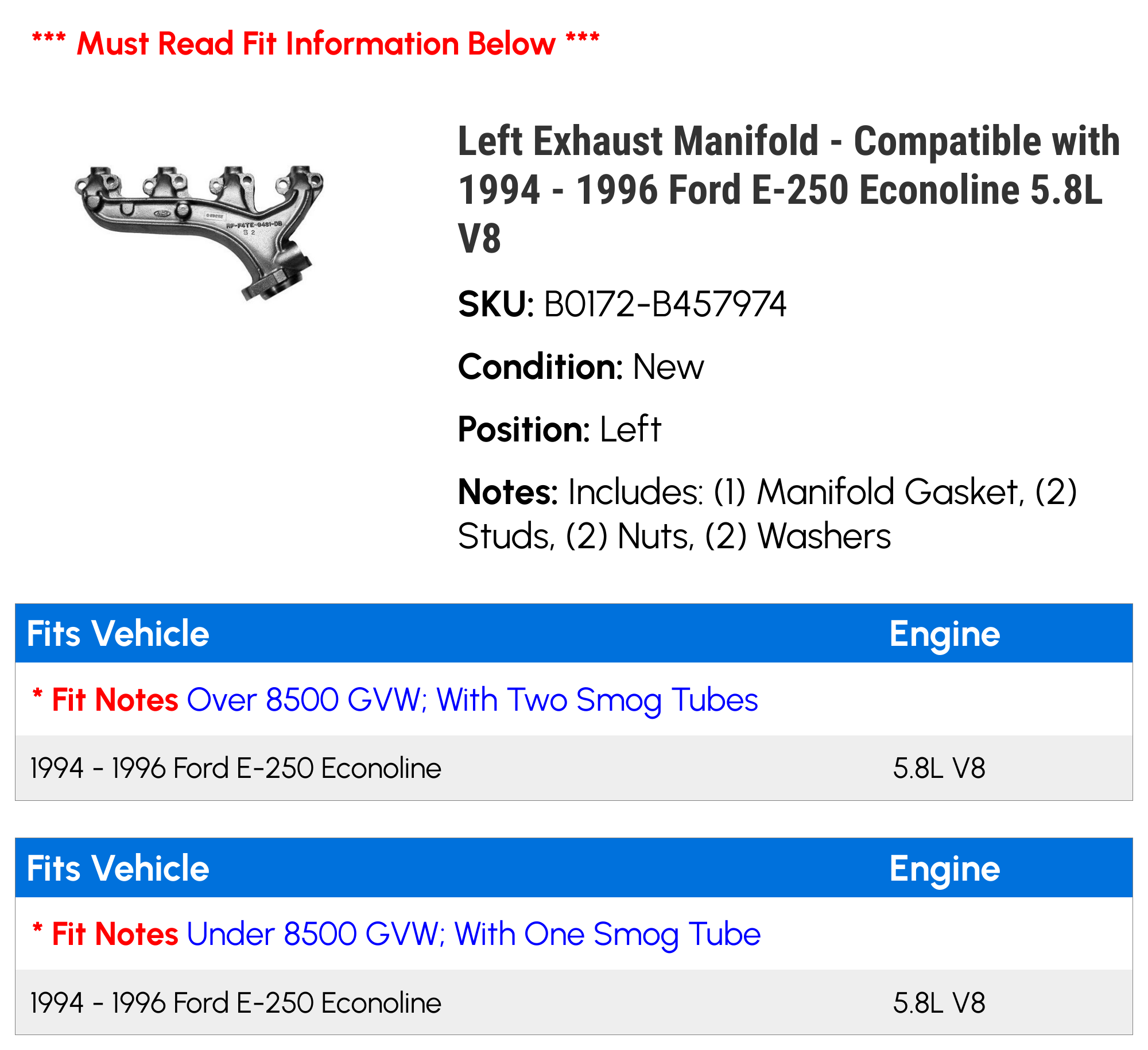 Left Exhaust Manifold - Compatible with 1994 - 1996 Ford E-250 Econoline 5.8L V8 1995
