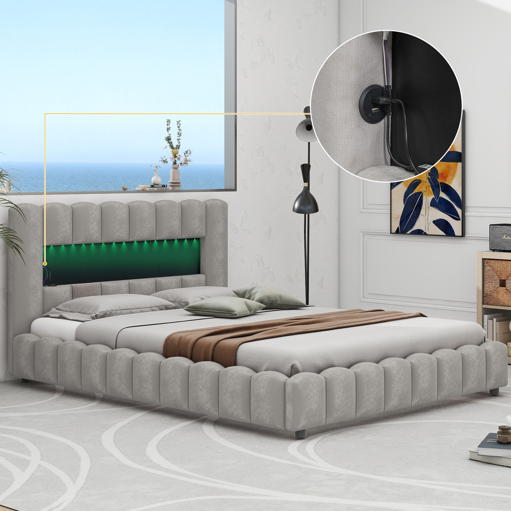 Nestfair Beige Queen Size Upholstered Platform Bed with LED Headboard and USB