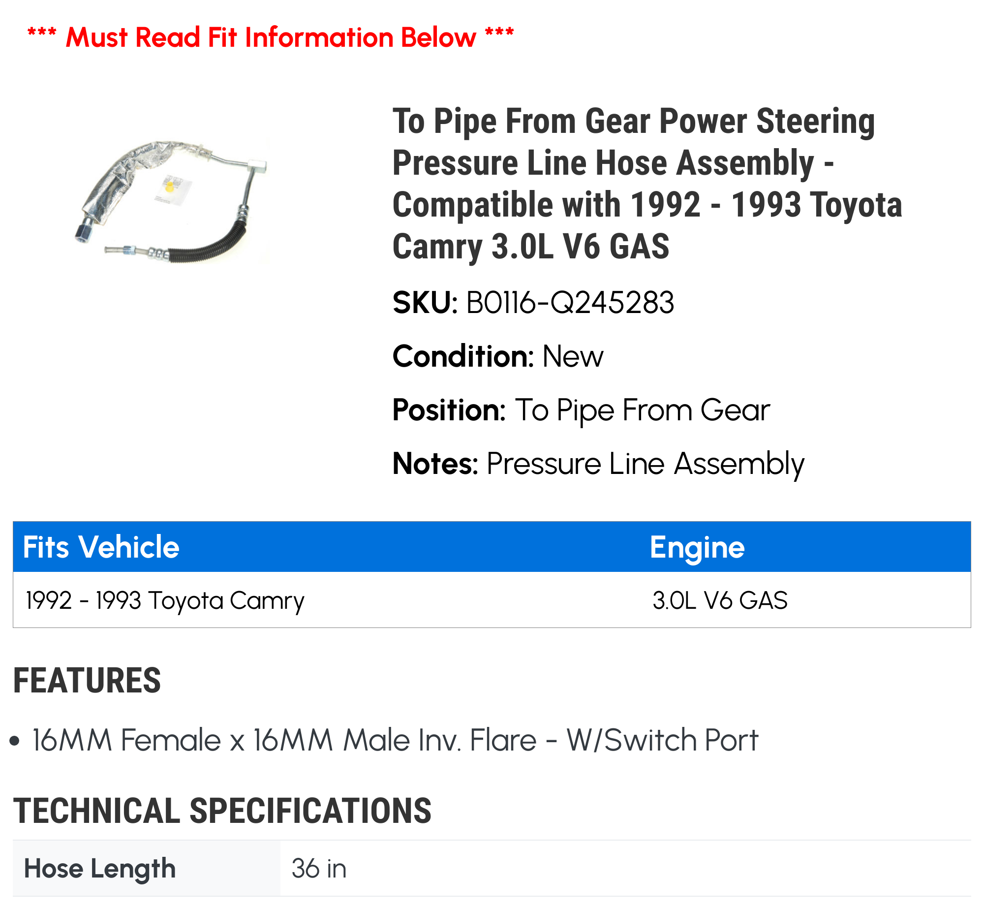 To Line From Gear Power Steering Pressure Line Hose Assembly - Compatible with 1992 - 1993 Toyota Camry 3.0L V6 GAS