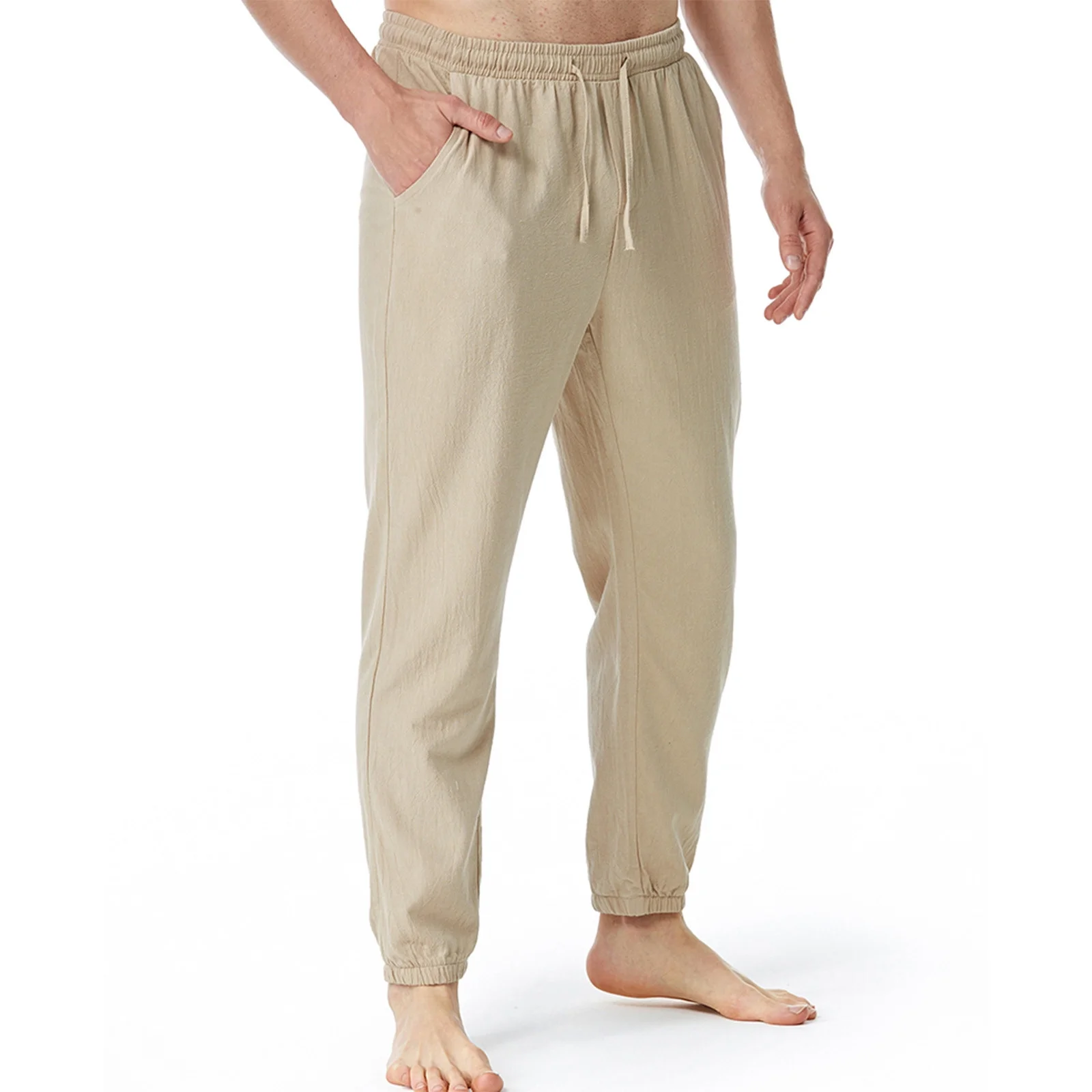 Guzom Mens Chinos Pants- Casual Drawstring Elasticated Waist Relaxed Fit Joggers Pants Khaki