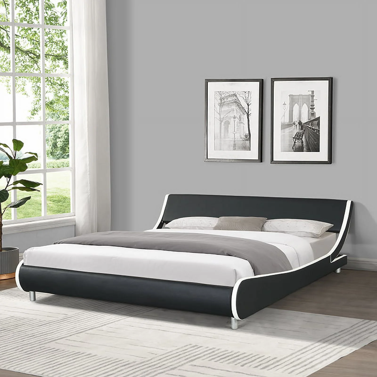 Holaki King Size Faux Leather Upholstered Platform Bed Frame,&nbsp;Curve Design, Wood Slat Support, No Box Spring Needed, Black and White