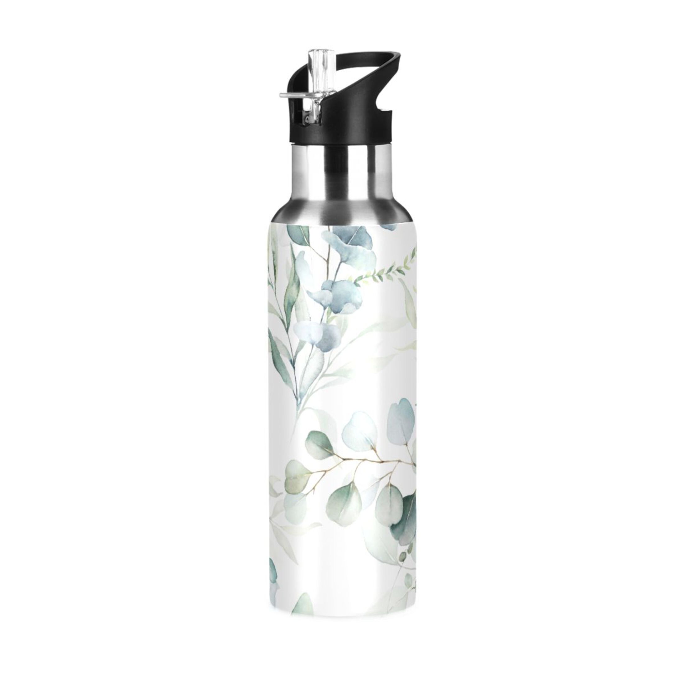 Stainless Steel Water Bottle Watercolor Green Eucalyptus Leaves with Straw Lid Vacuum Insulated Leak Proof Flask Jug for Gym Travel Sports Cycling Outdoor 20 OZ