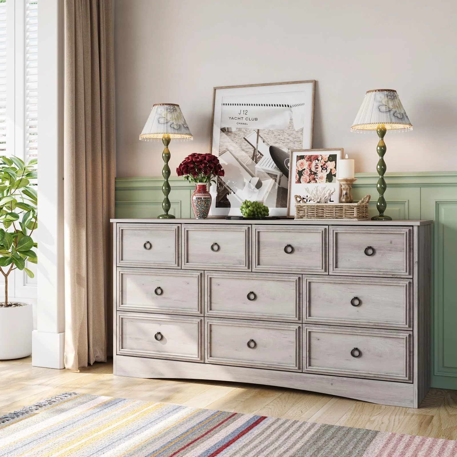 Gray Dresser for Bedroom, Modern Farmhouse Wide 10 Drawer Dresser, Chest of Drawers for Living Room, Entryway and Hallway