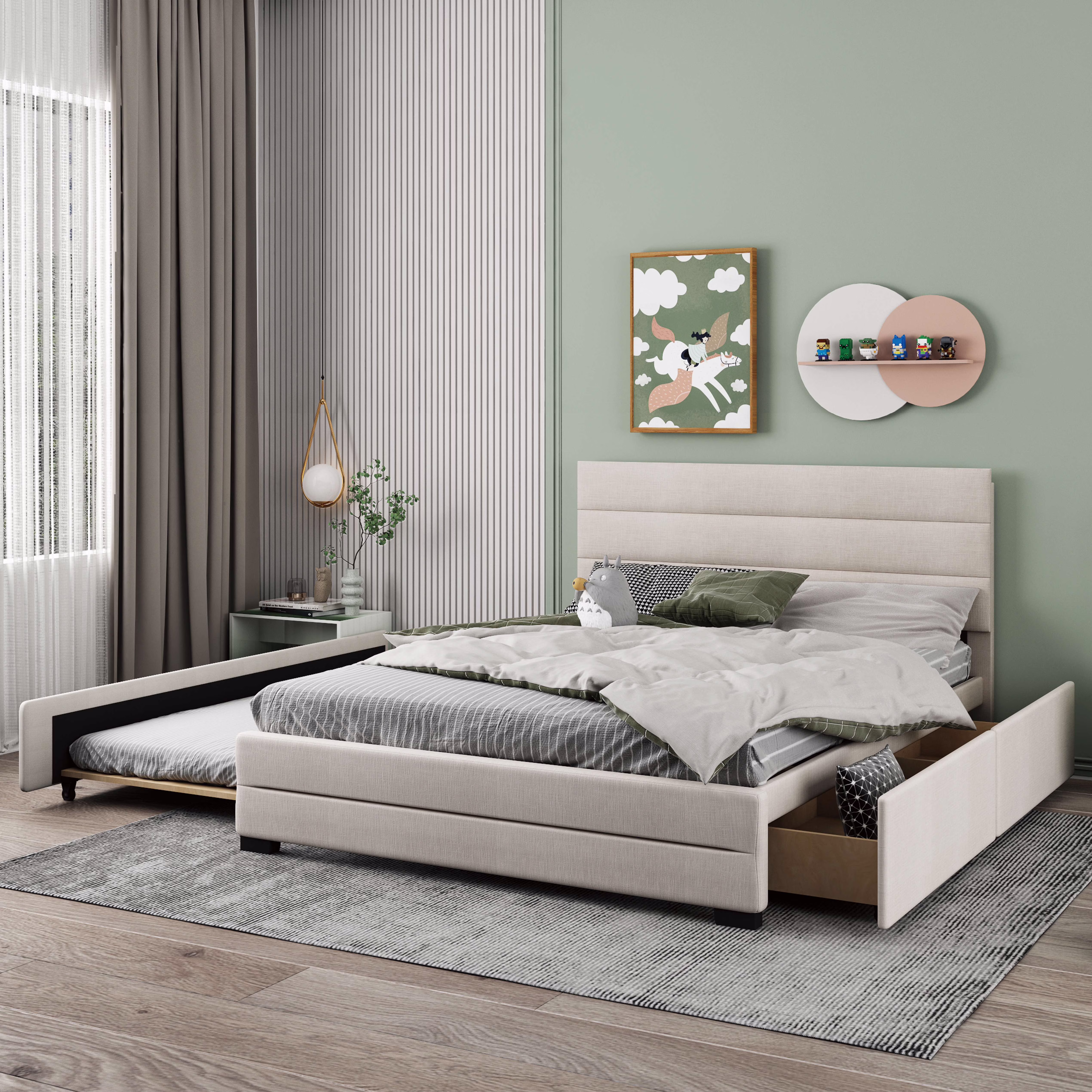 Queen Upholstered Platform Bed with Trundle and Two Drawers