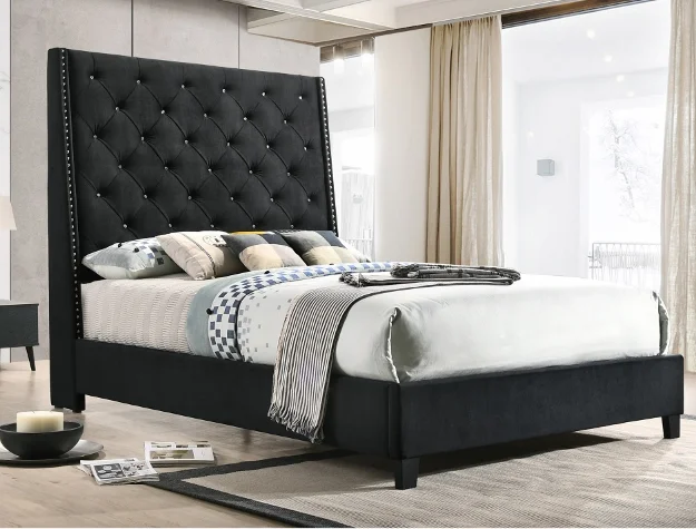 1Pc Black Color Elegant Contemporary Upholstered Queen Bed Button Tufted Headboard Demi-Wings Bedroom Furniture