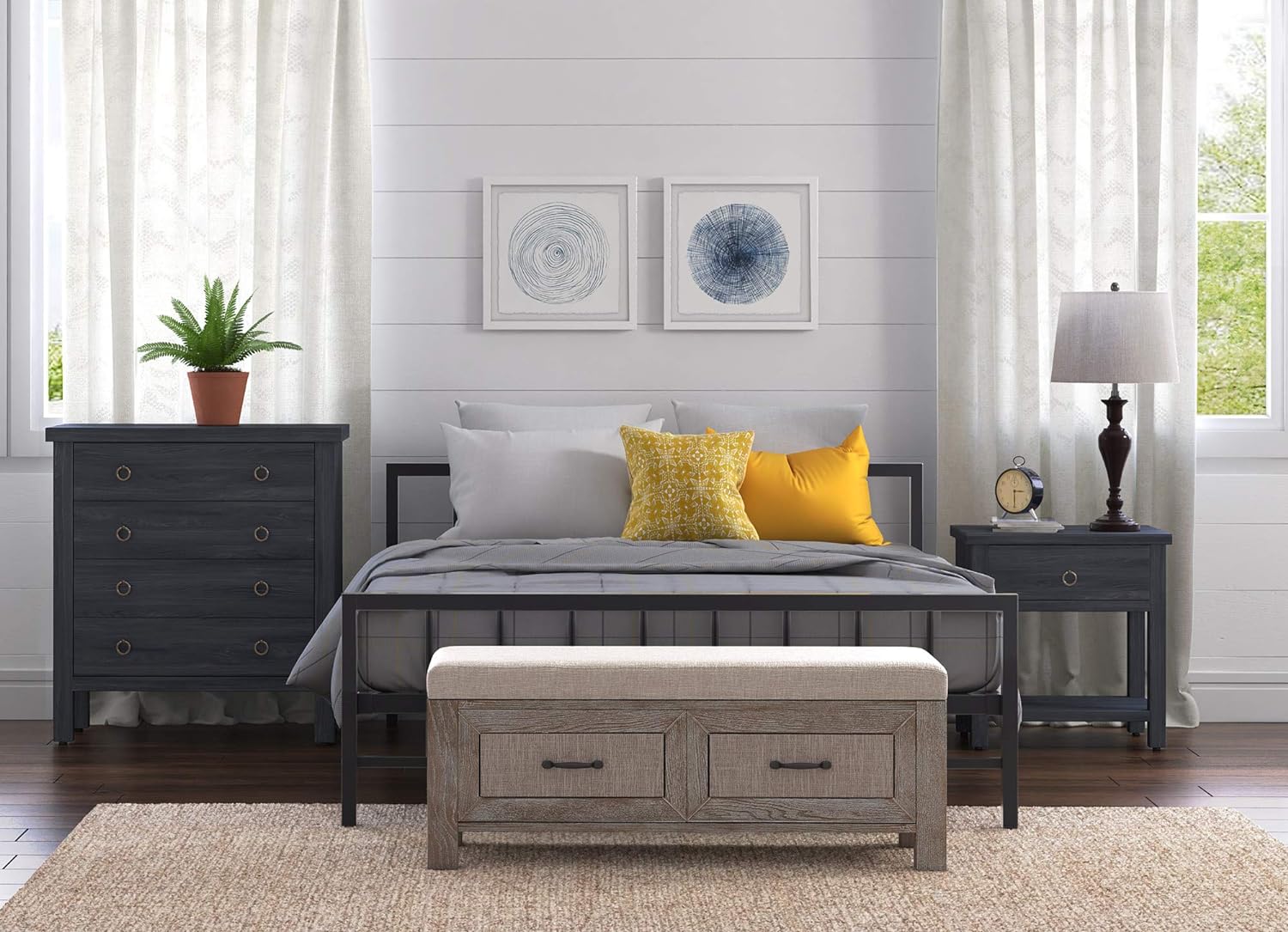 Platform Bed Frame With Matte Black Metal Headboard, Low Profile, Modern Design, Wood Slats Support, No Spring Box Needed, Queen