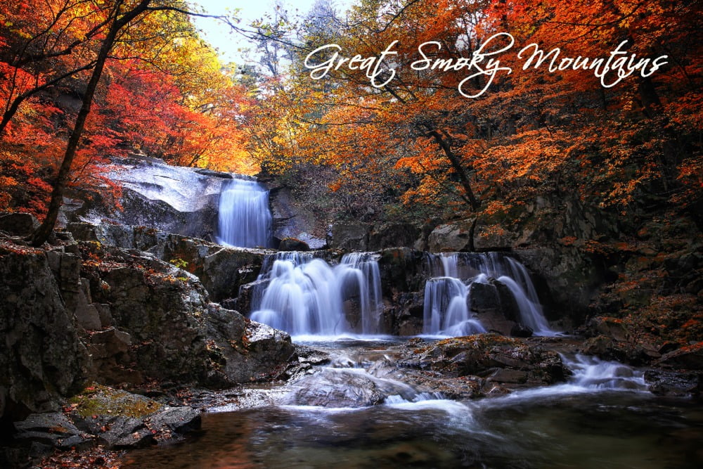 Great Smoky Mountains, Tennessee, Waterfall and Autumn Colors (12x18 Wall Art Poster, Room Decor)