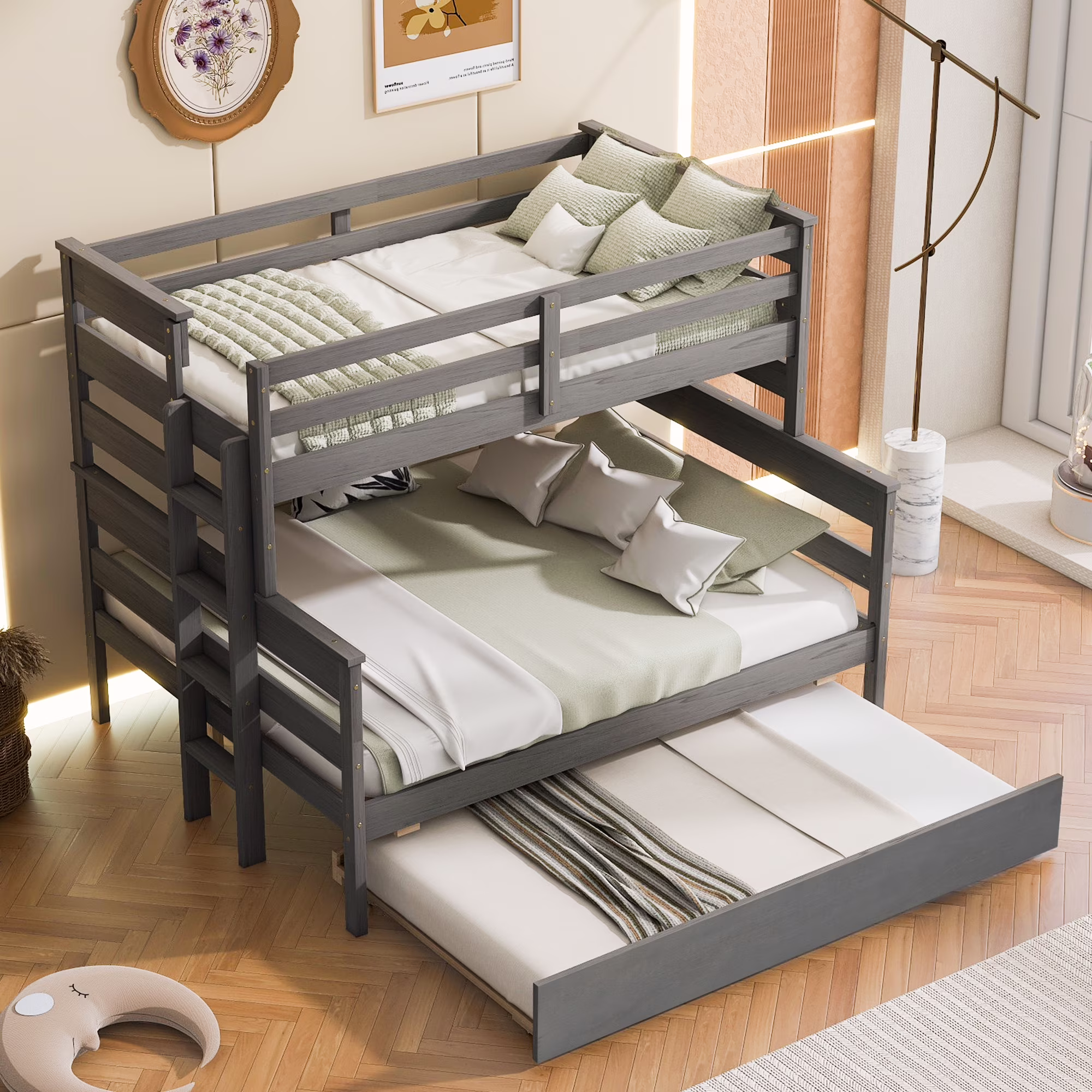 Churanty Twin over Full Bunk Bed with Trundle, Wood Bunk Bed Frame for 2 Kids Teens Bedroom,Gray