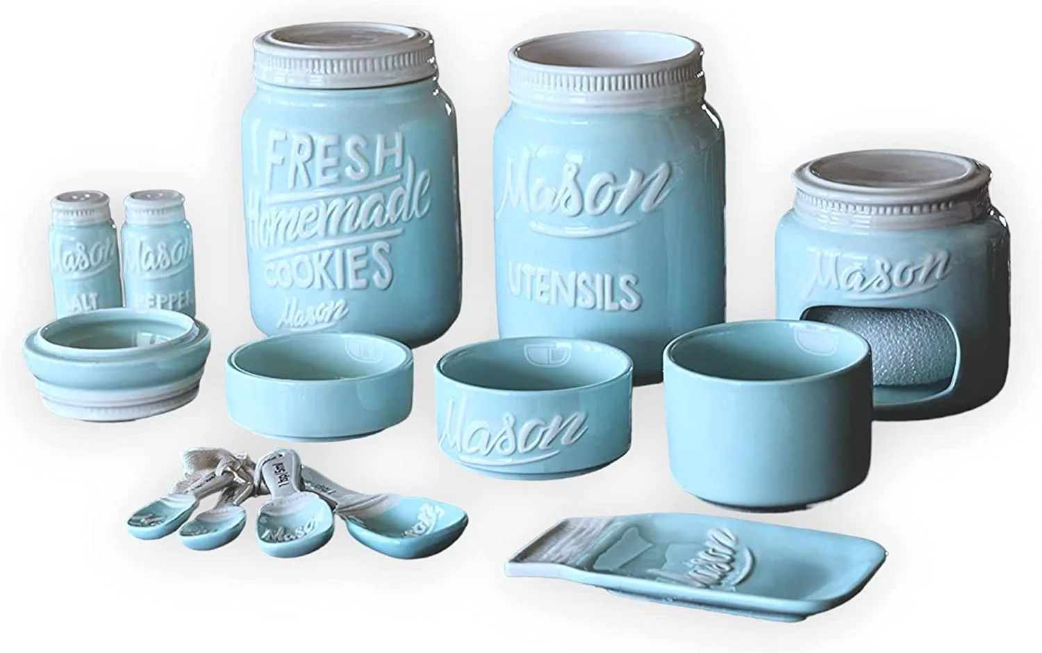 Mason Jar Kitchenware 17-Piece Set - Vintage Kitchen Accessories - Measuring Cups & Spoons, Spoon Rest, Salt & Pepper Shakers, Sponge Holder, Cookie Jar, Utensil Crock - Mother's Day Gift - Aqua Blue
