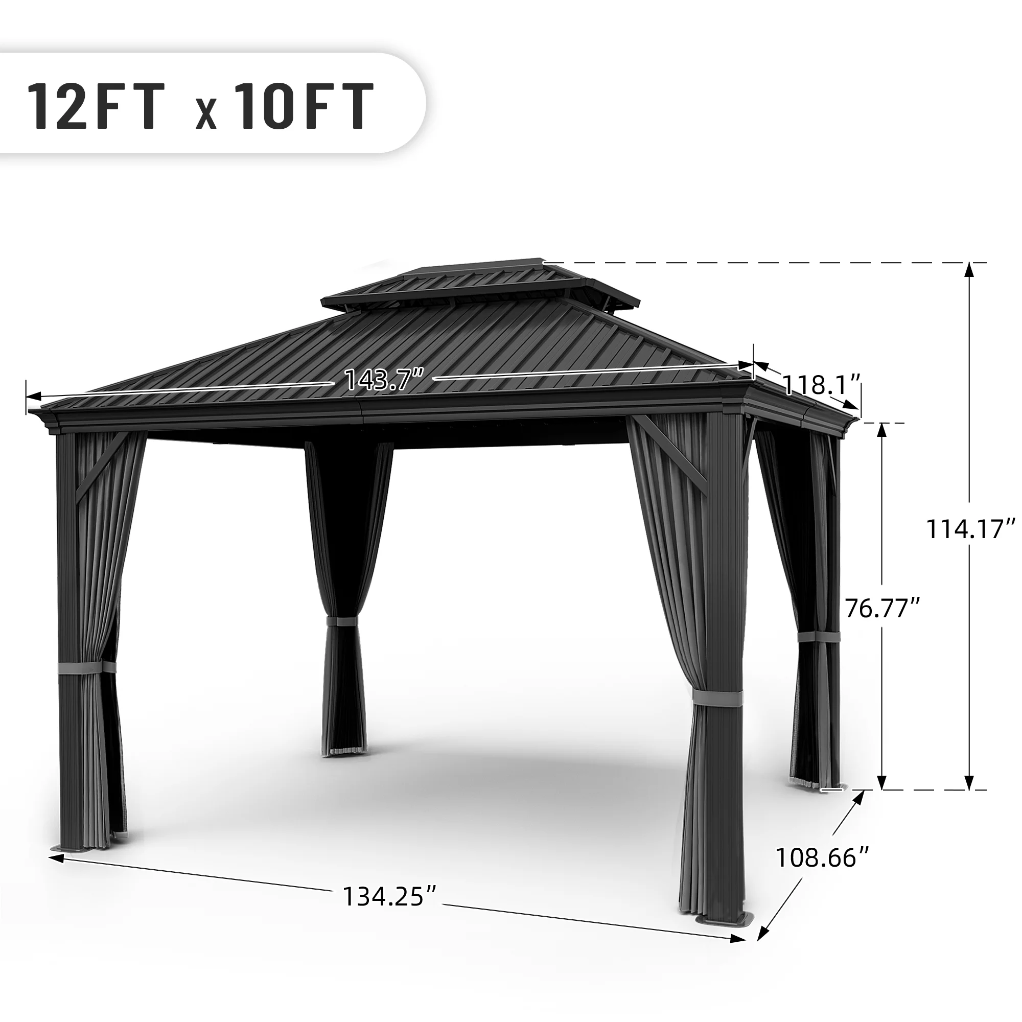 EGEIROS LIFE 12 Ft. W X 10 Ft. D Double Aluminum Hard Roof Patio Gazebo With Mosquito Net (Gray)