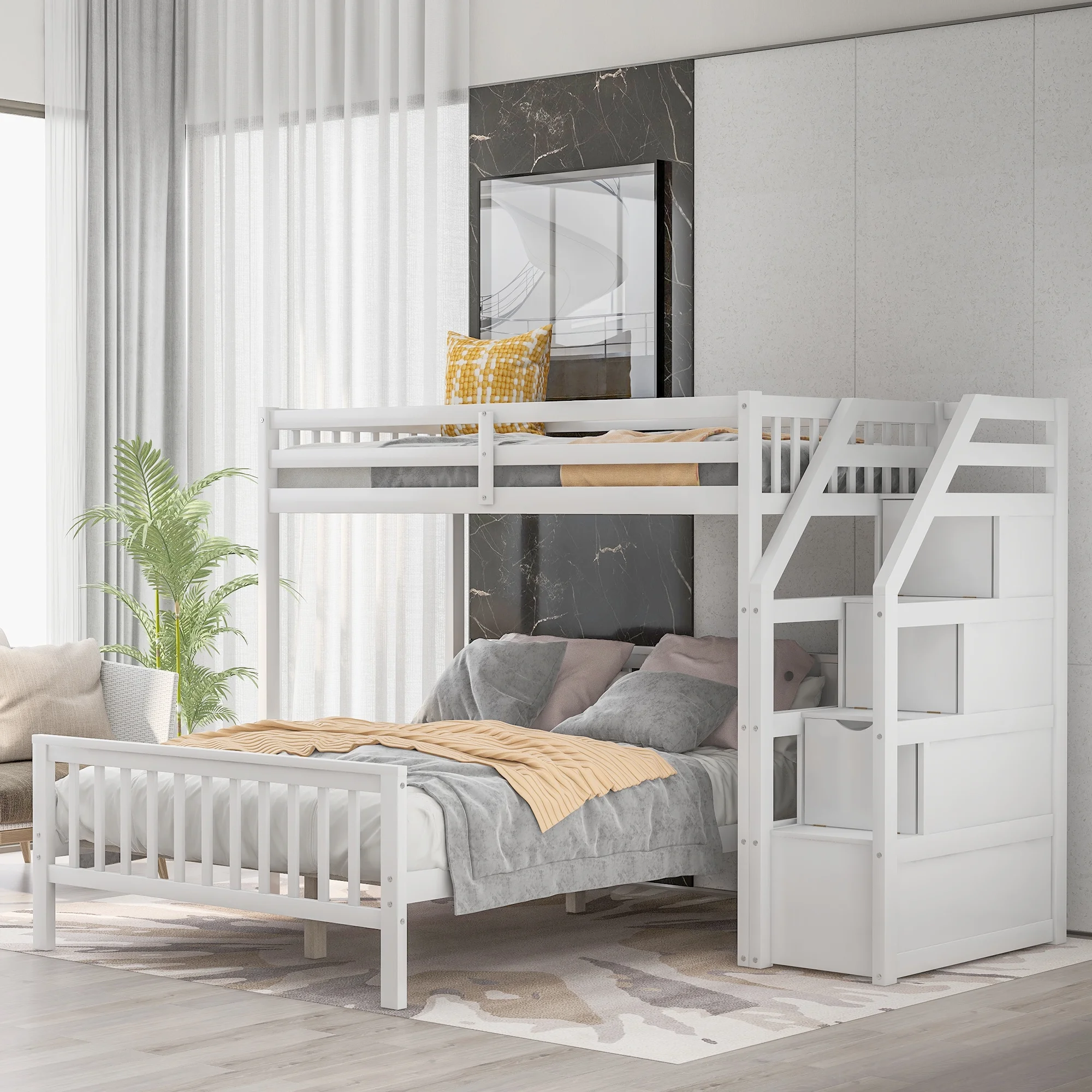 Docooler Twin over Full Loft Bed with Staircase,White