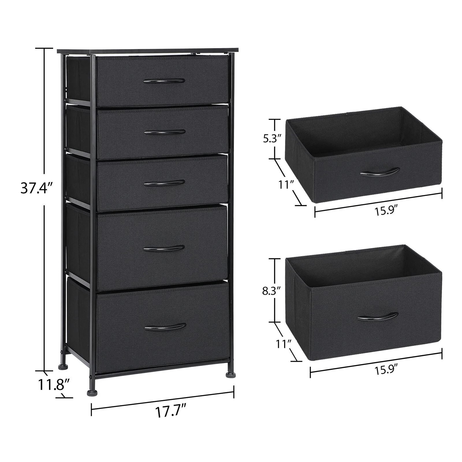 Storage Dresser 5 Drawer Dresser for Bedroom Tower Organizer Unit Black