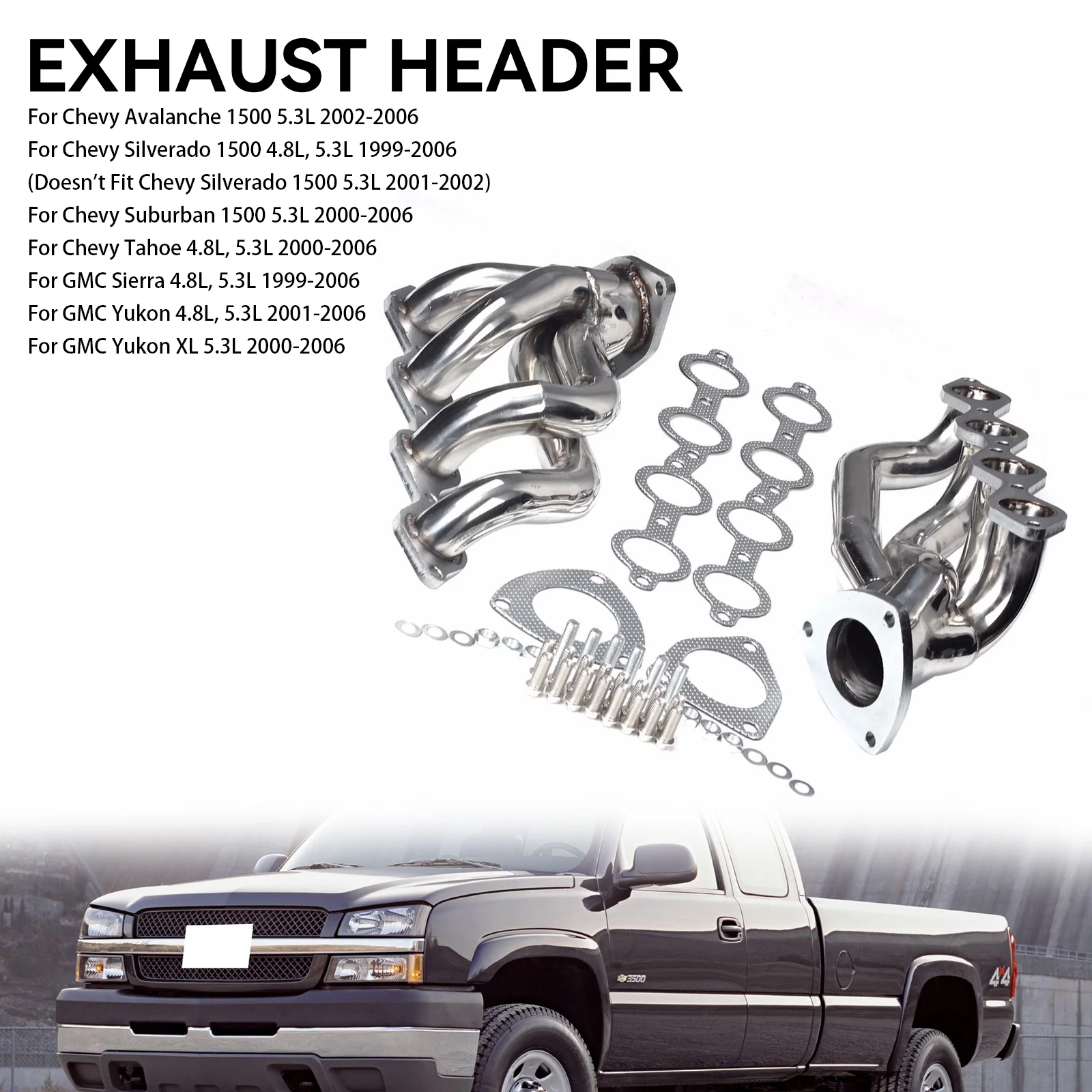 Manifold Headers Fit for Chevy Avalanche Silverado Sierra Tahoe 4.8L 5.3L V8 00-06