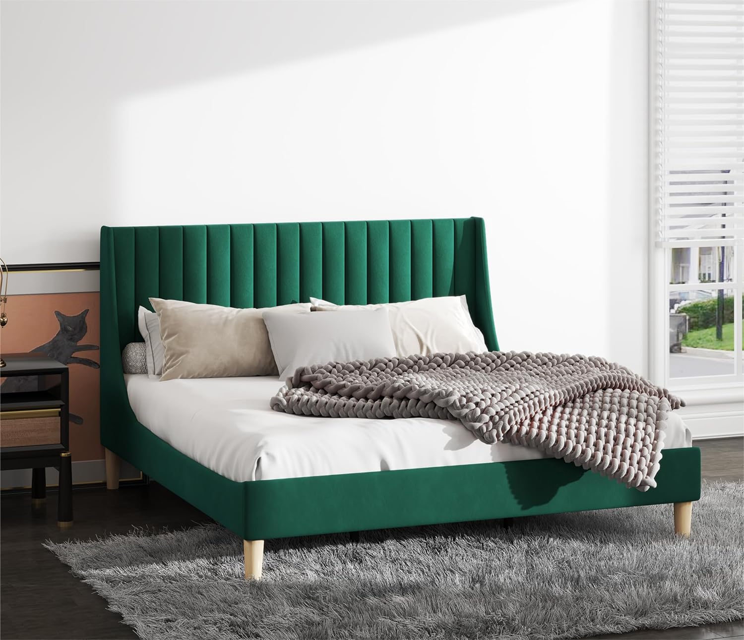 YGDU Bed Frame Queen Size Vertical Tufted Headboard Platform Beds with Wingback Design Green Velvet Queen Bed Frame, No Box Spring Needed