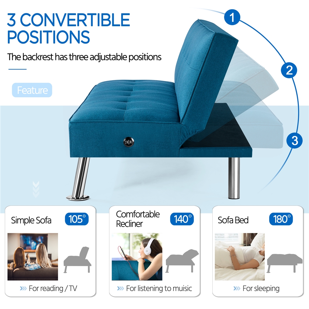 Alden Design Modern Fabric Convertible Futon with USB, Blue