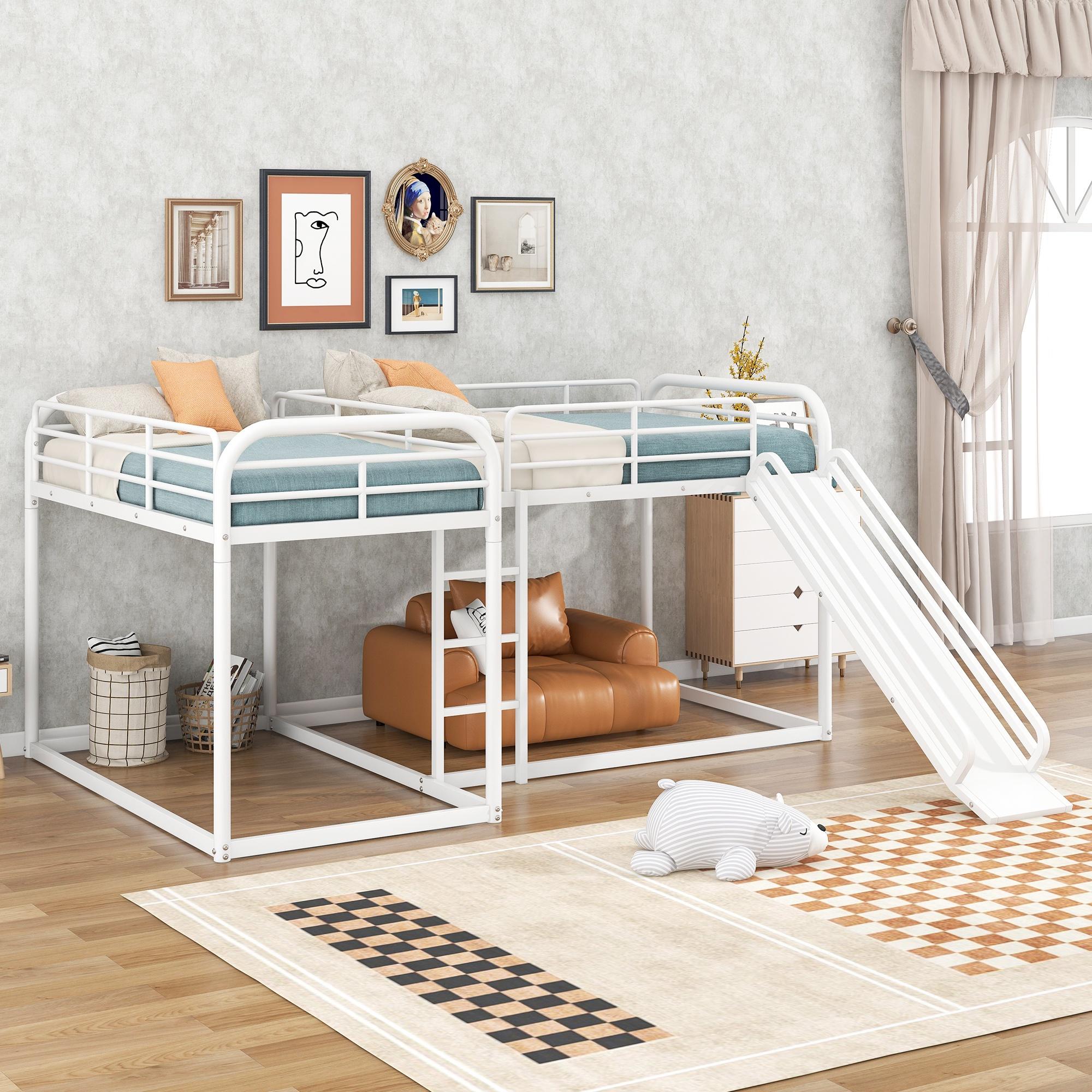 Bellemave Quad Bunk Beds with Slide, Metal Full and Twin Corner Bunk Beds for 4, Heavy-Duty L-Shape Floor Bunk Bed for Kids Teens Boys Girls（White）