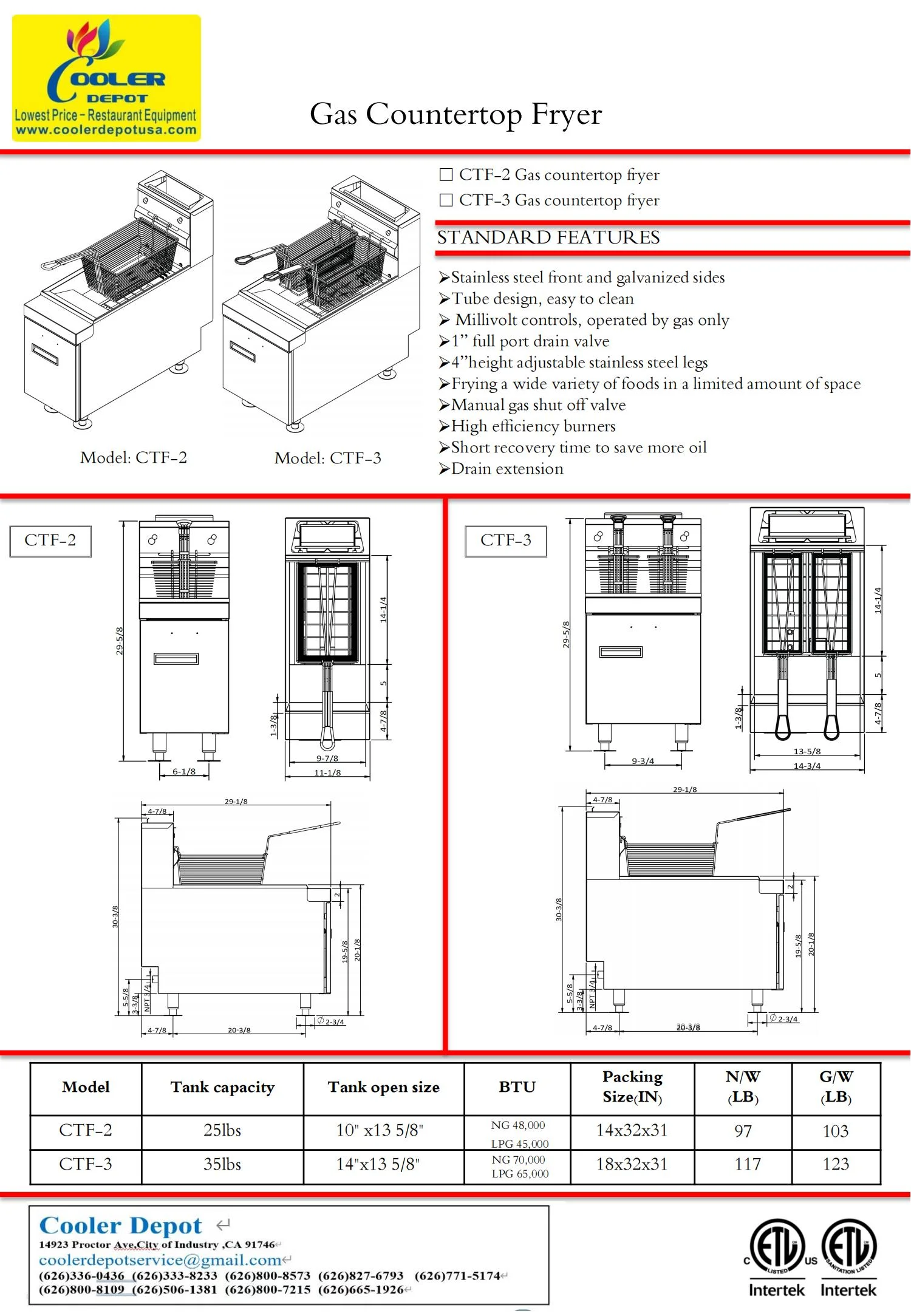 Gas Countertop Fryer three tube burners NG CTF-3