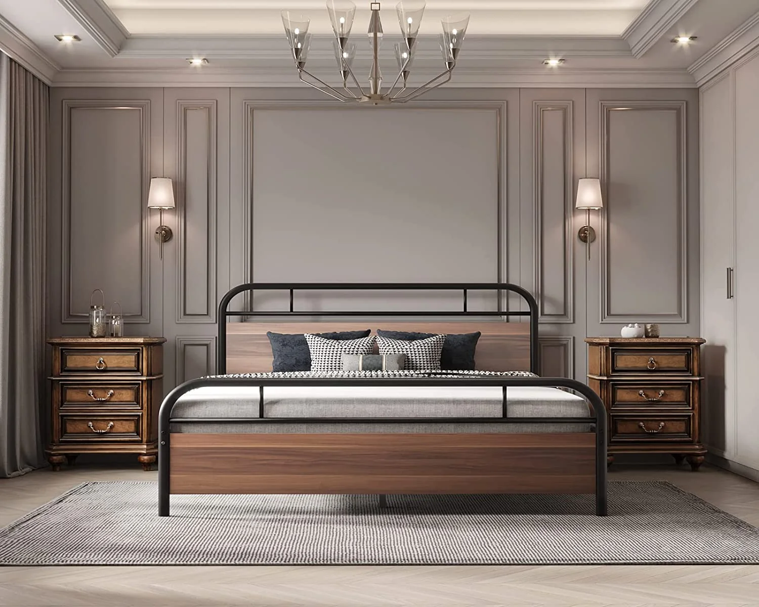 Popular Metal Queen Size Bed Frame Steady Platform with Engineered Wooden Headboard/Footboard (Queen)