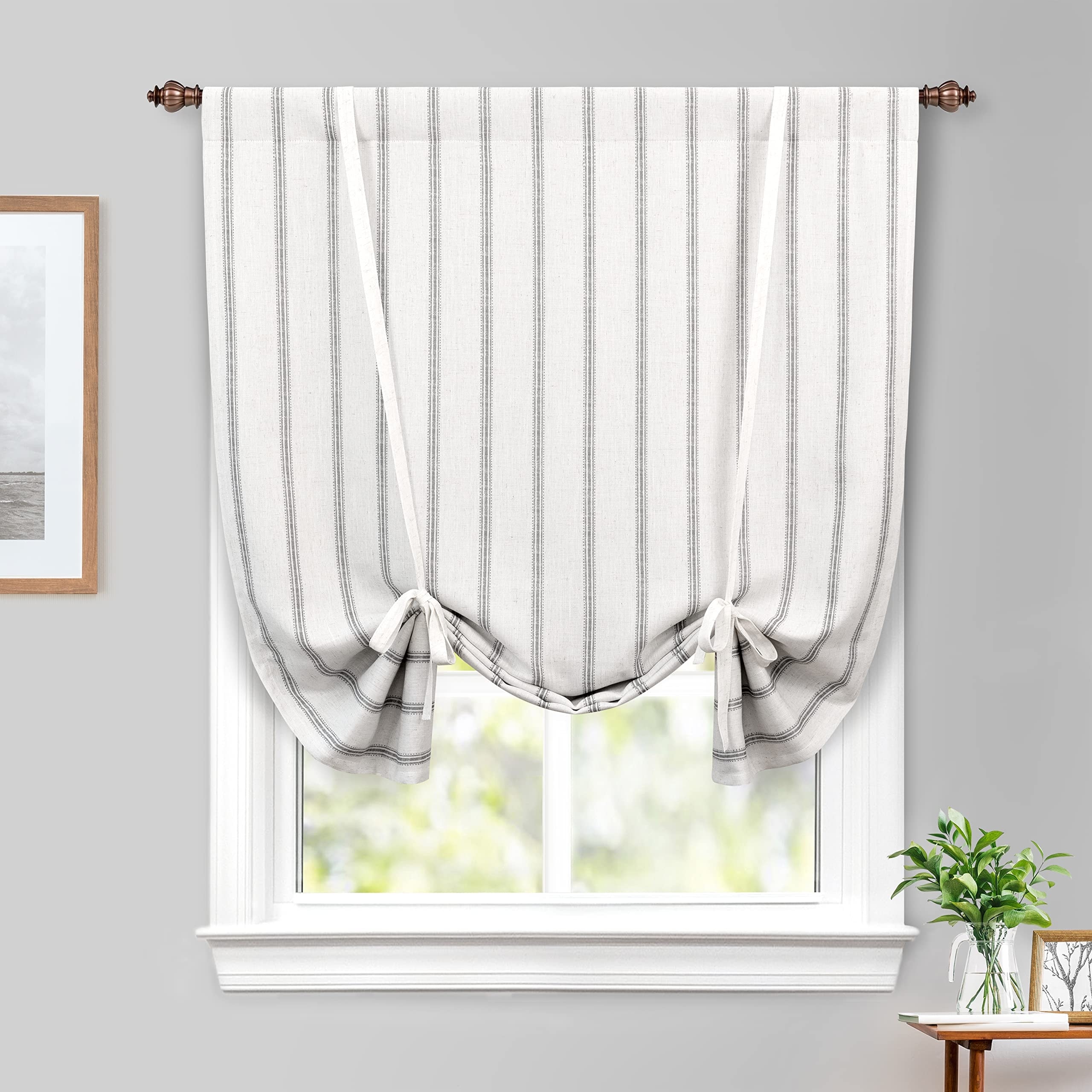 DriftAway Farmhouse Linen Blend Blackout Tie Up Curtain for Kitchen Vertical Striped Printed Tie Up Shade for Bedroom Adjustable Balloon Rod Pocket 63