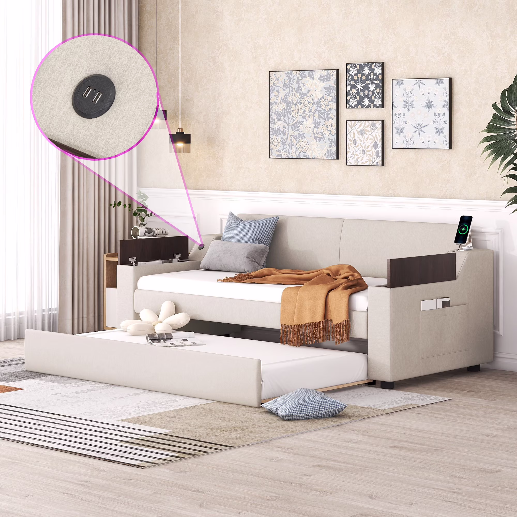 Churanty Upholstery Twin Size Daybed with Storage Arms and Trundle,Wood Twin Sofa Bed Frame with Charging Station & USB Ports,Beige
