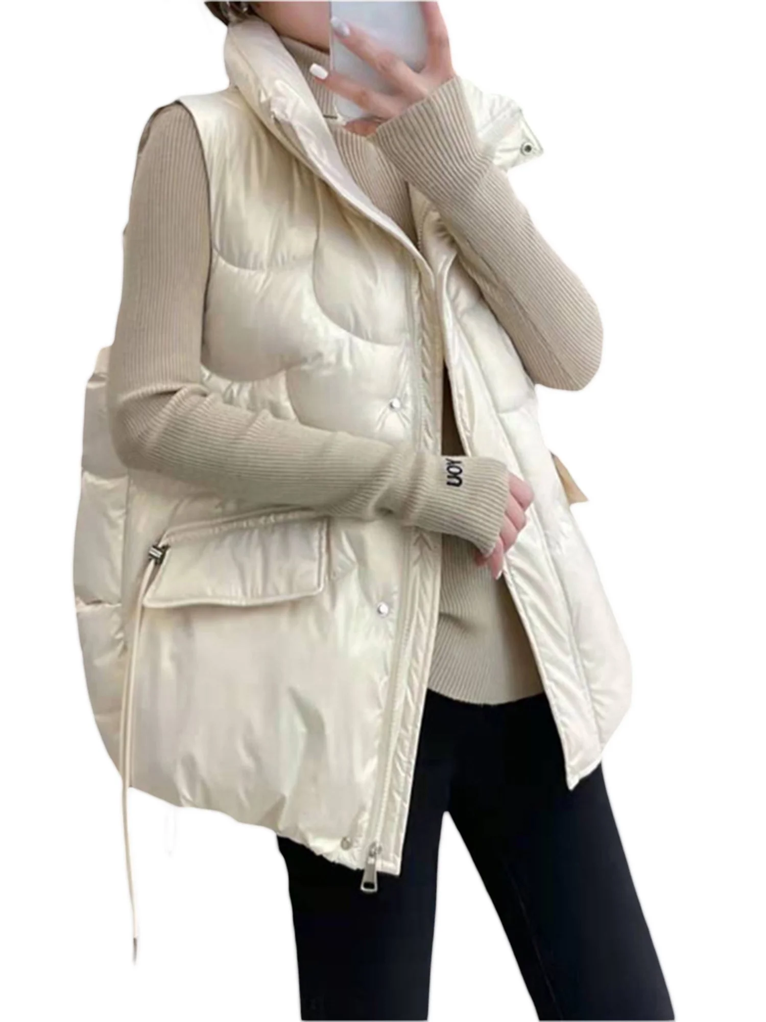 Women Quilted Puffer Vest Coat Winter Sleeveless Outerwear Stand Collar Padded Jacket with Pockets