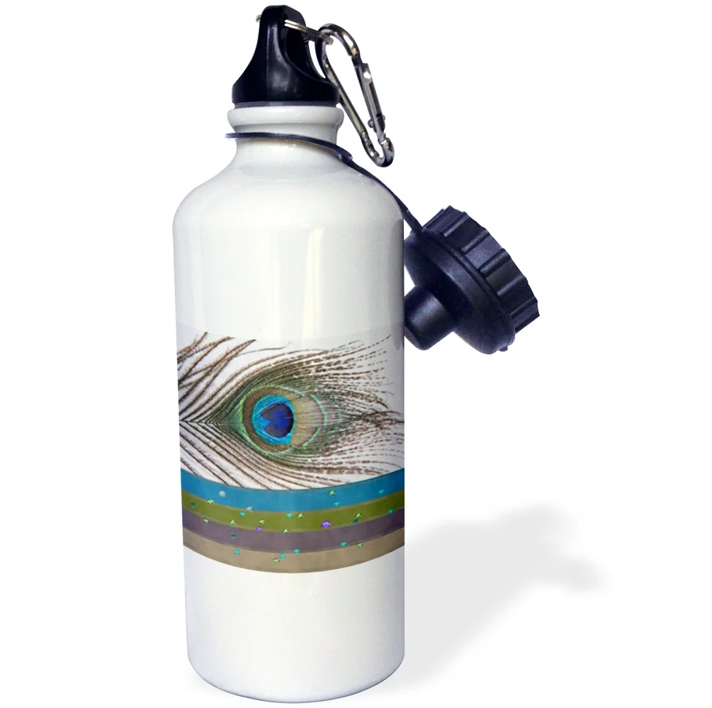 3dRose Peacock Feather with Green, Blue, and Purple Gem Look, Sports Water Bottle, 21oz