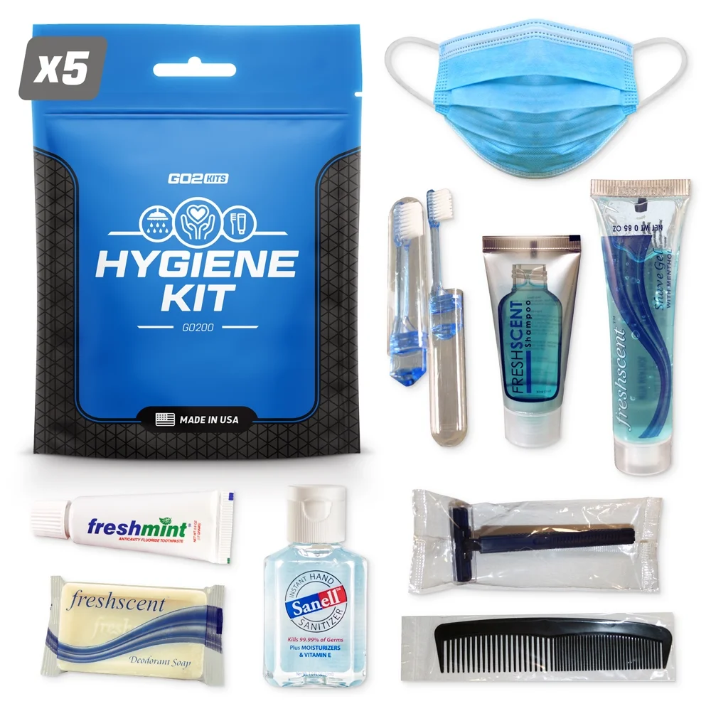 Go2Kits 5-Pack PPE Hygiene Toiletry Kits for Travel, Business, Charity, School for Men and Women