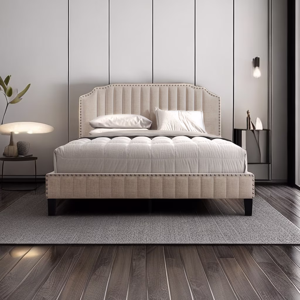 Queen Modern Linen Curved Upholstered Platform Bed Solid Wood Frame Nailhead Trim Beige Contemporary Natural Includes Hardware