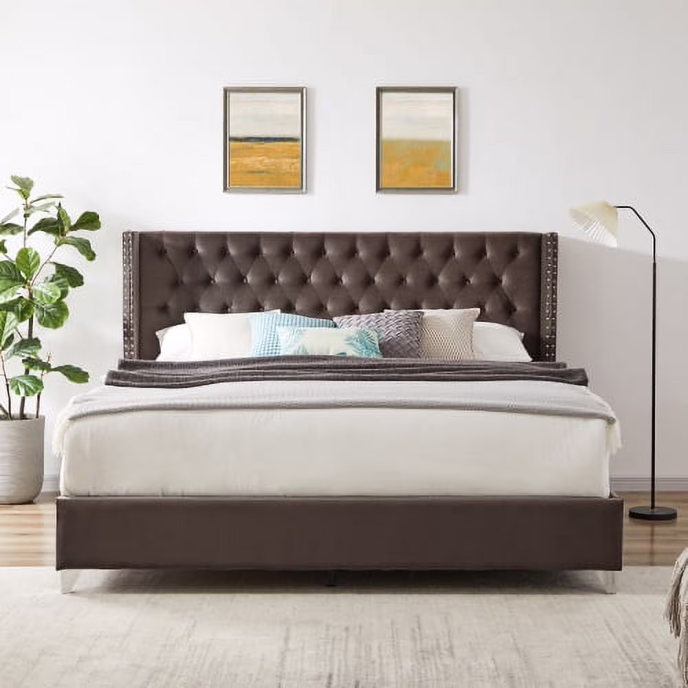 King Bed, Button Designed Headboard,Strong Wooden Slats + Metal Legs With Electroplate