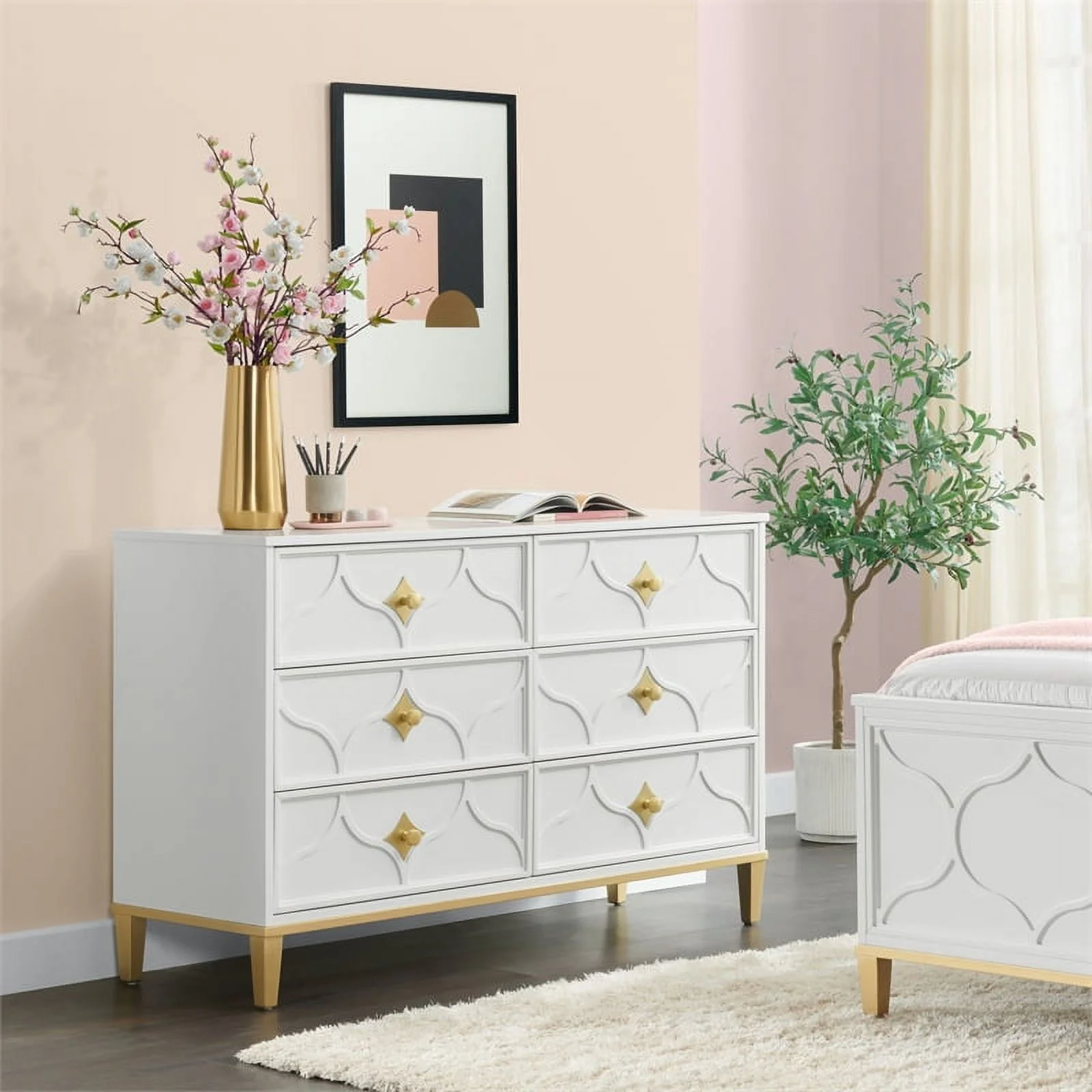 Martin Svensson Home Emma 6 Drawer White and Gold Dresser