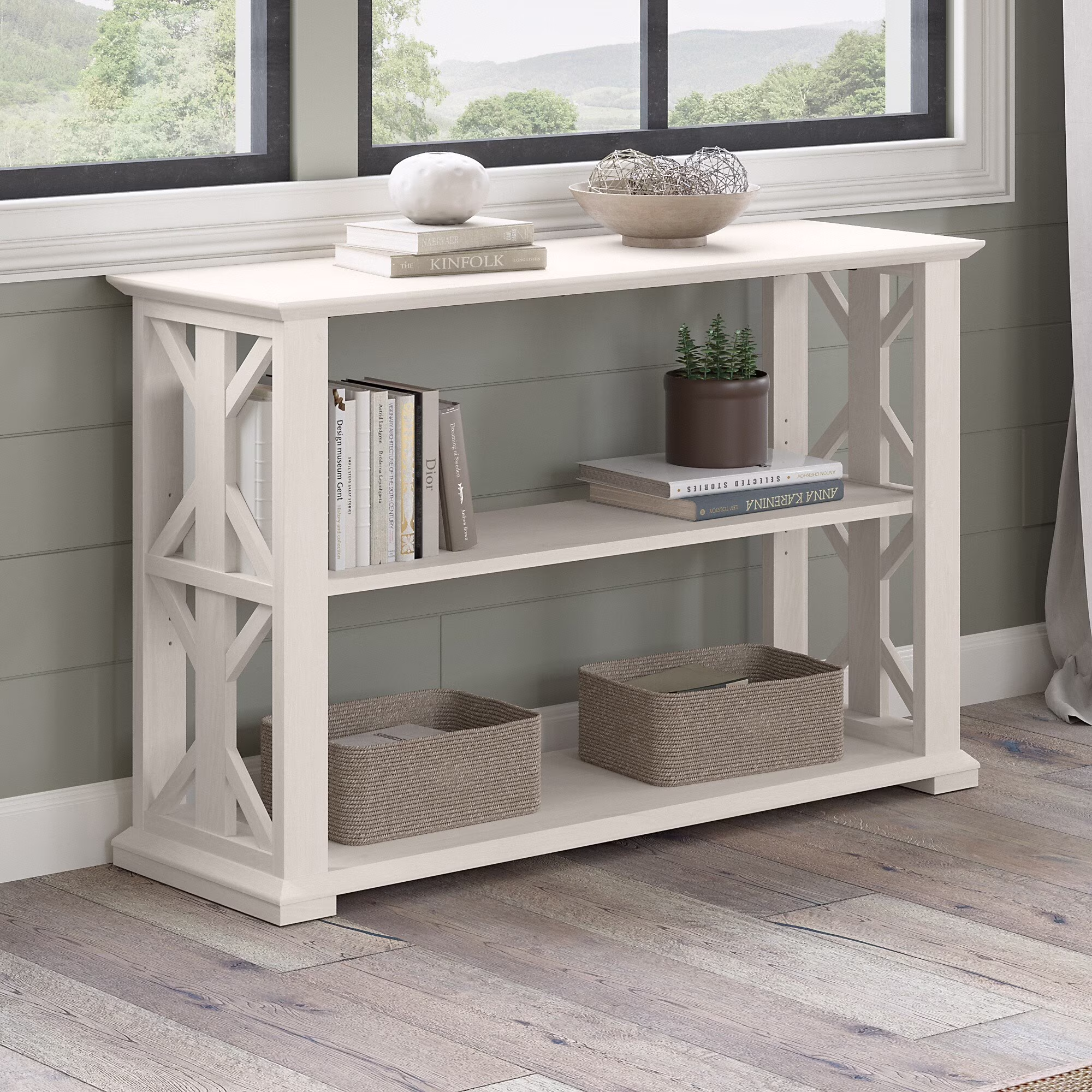 Homestead Console Table with Shelves in Linen White Oak - Engineered Wood