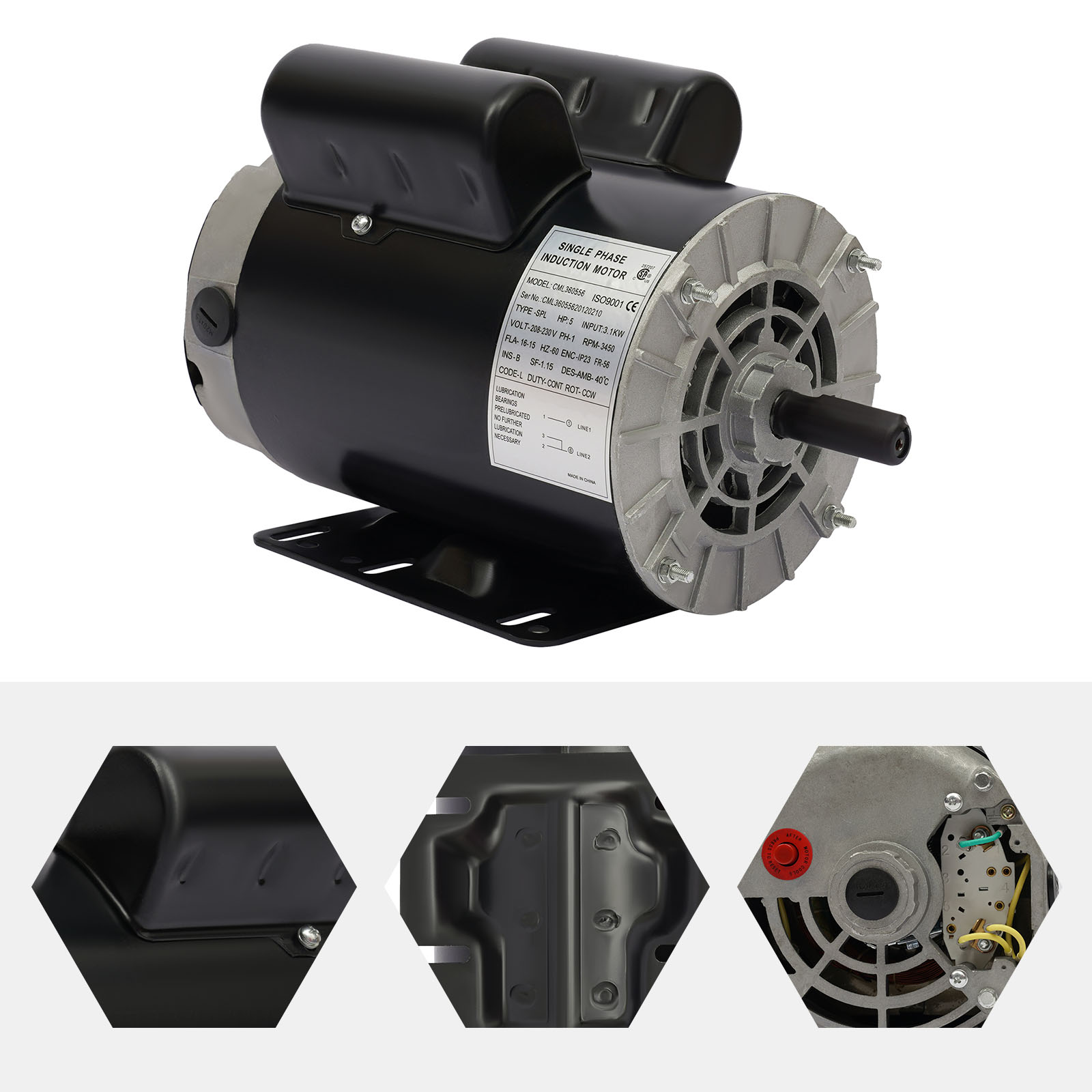 5 HP SPL 3450RPM P56 Frame Air Compressor Shaft,  60HZ 208-230 Volts Electric Air Compressor Motor