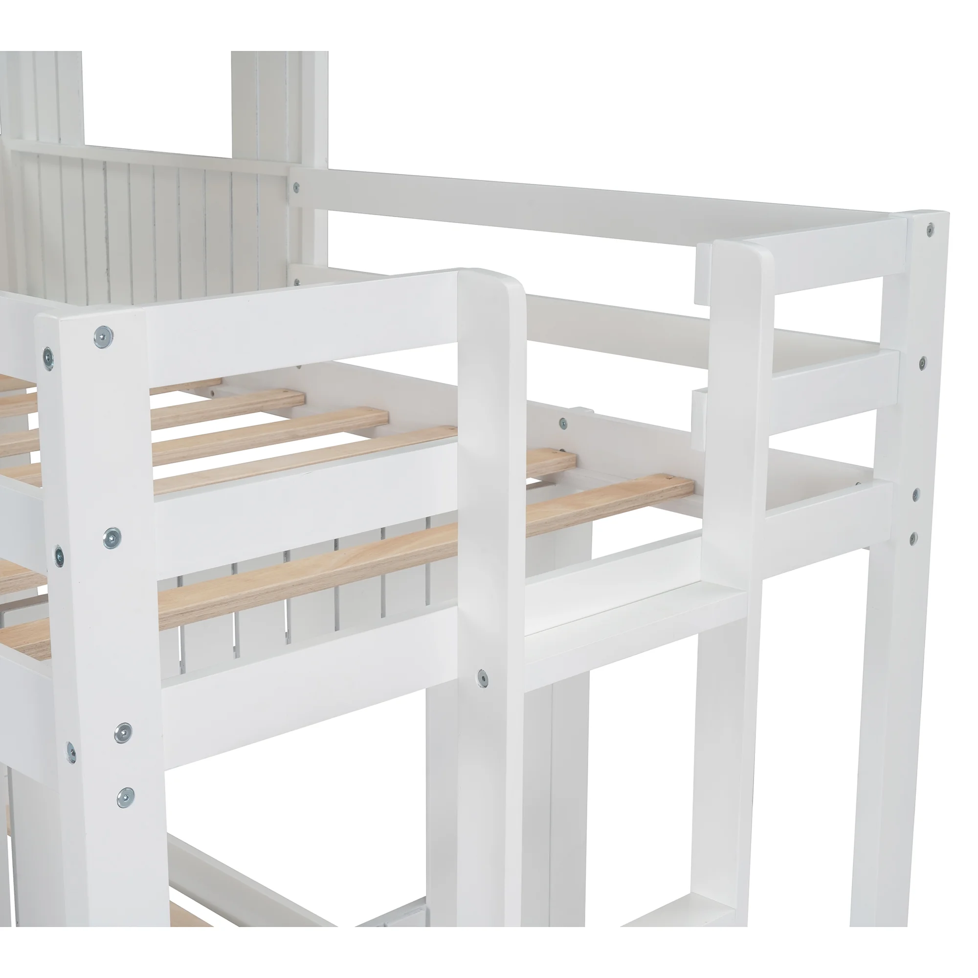 White Wooden Twin Over Full Bunk Bed with Playhouse, Farmhouse, Ladder and Guardrails