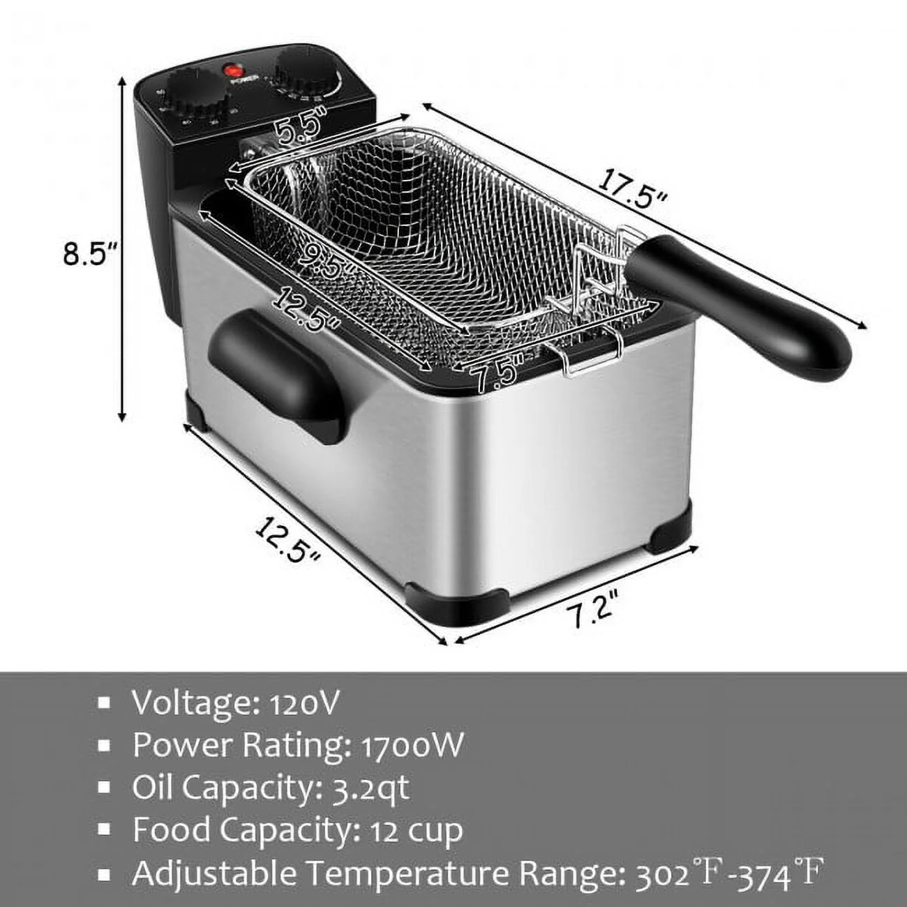 SUGIFT 3.2 Quart Professional Grade Electric Deep Fryer with Timer, Lid with View Window, 1700W, Stainless Steel