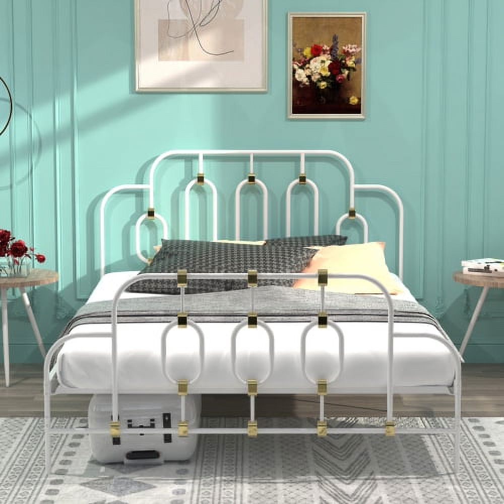 Metal Bed, White with Gold Details, Full