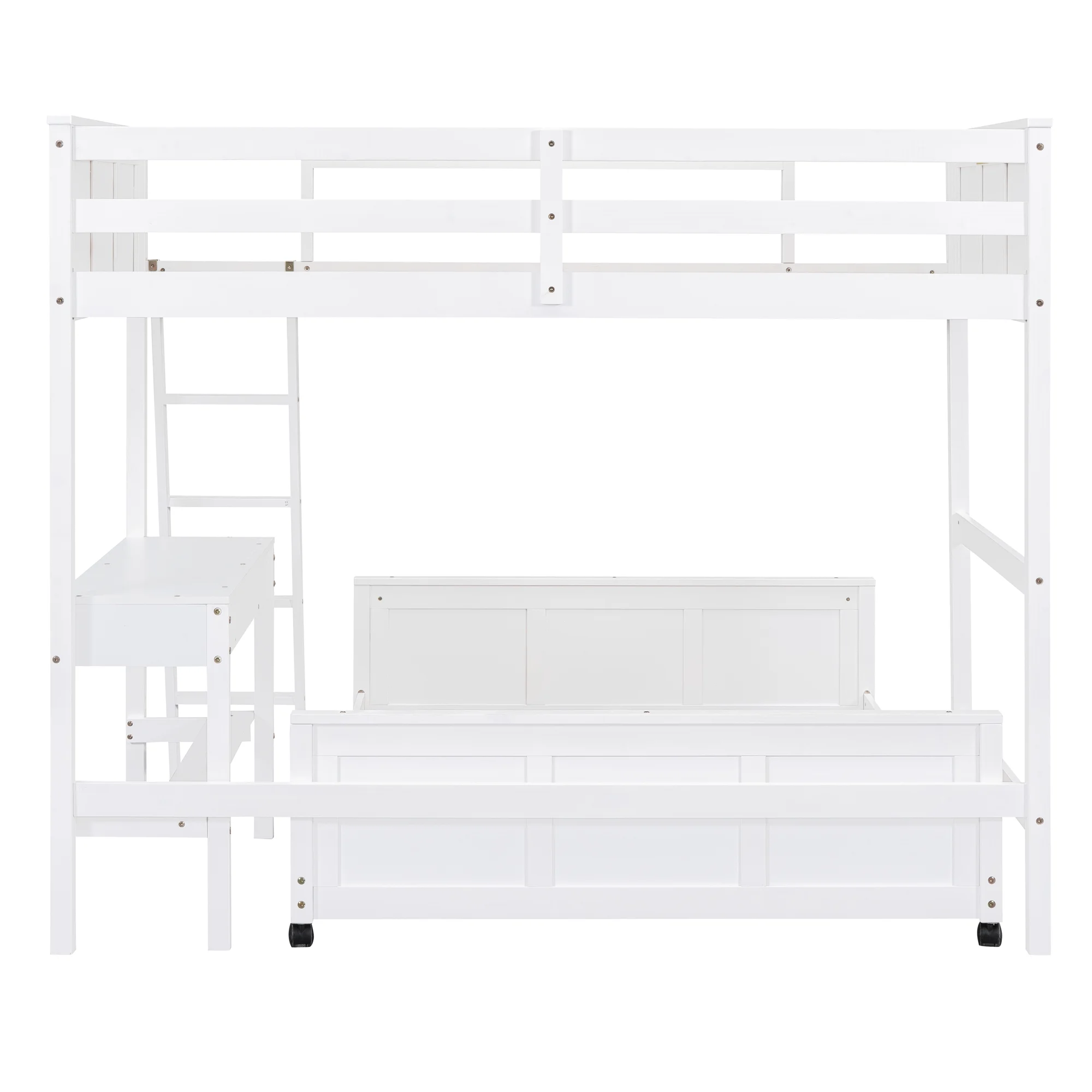 Nestfair White Twin Over Full Wood Bunk Bed with Desk and Drawers