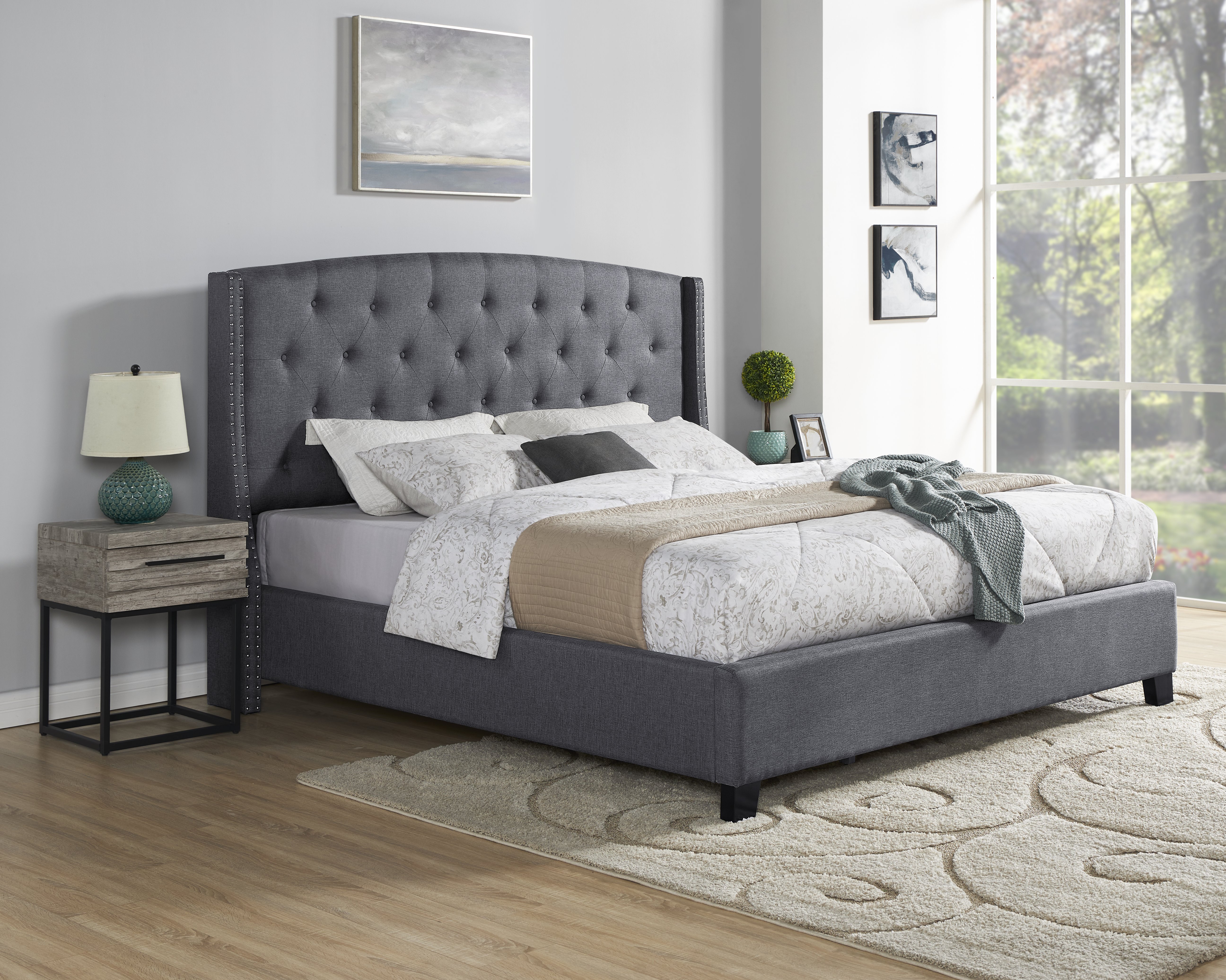 Roundhill Furniture Belize 3-Piece Upholstered Bedroom Set, Tufted Wingback Bed with Two Gray Nightstands, King