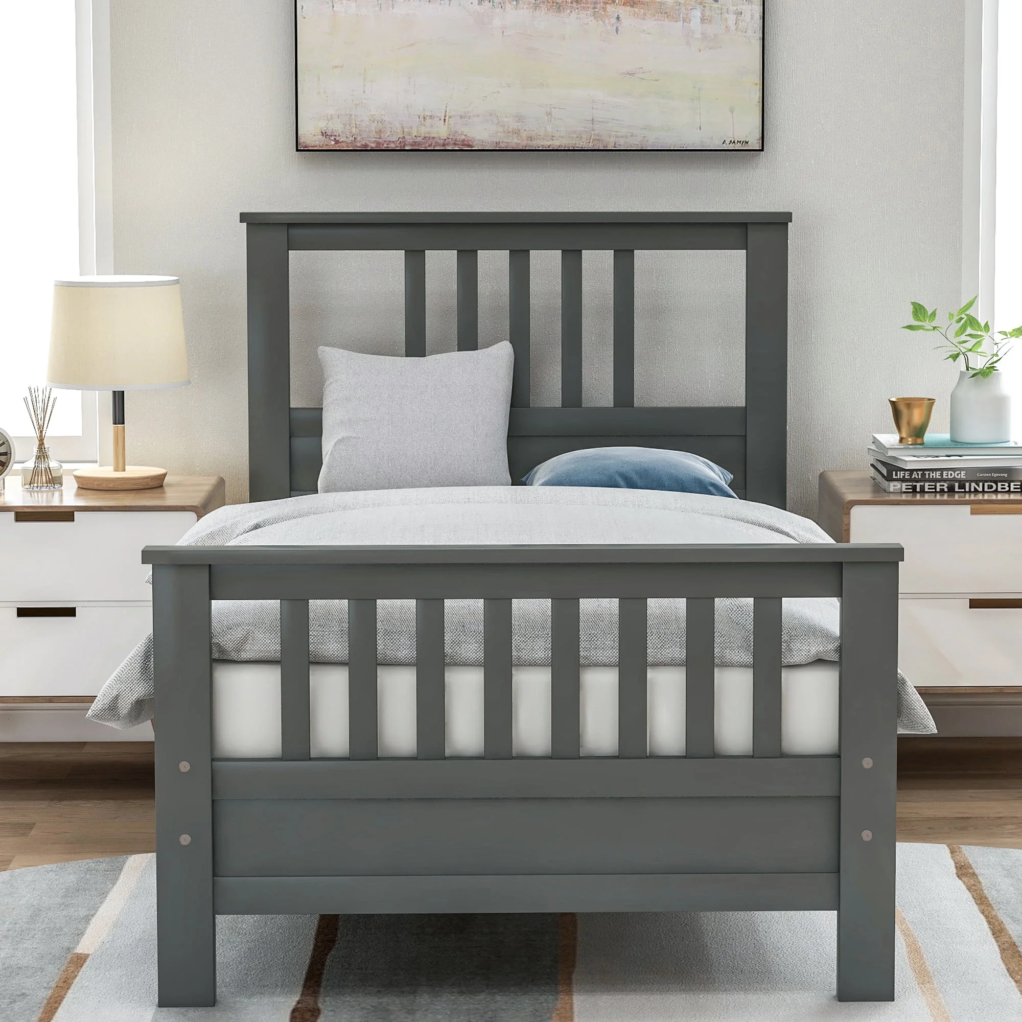 Livspace Wood Platform Bed with Headboard and Footboard, Twin (Gray)