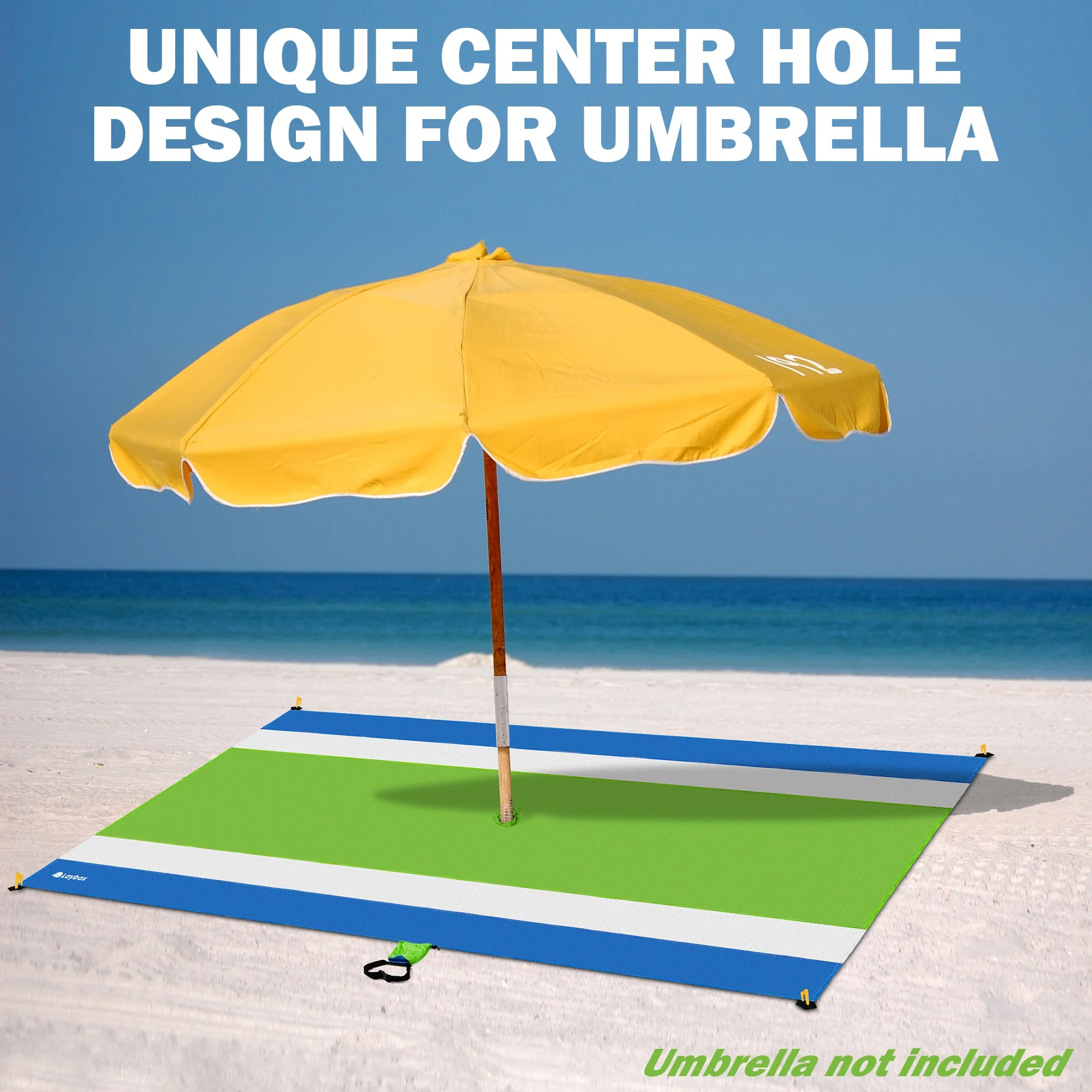 Laybax 9x10 Foot Green Beach Blanket with Retractable Umbrella Hole, Sand Pocket, and Stakes