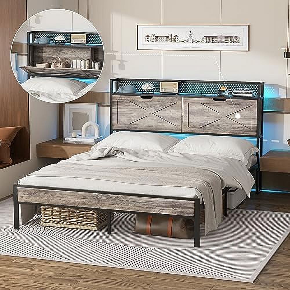 YZboomLife Full Size LED Bed Frame with  Headboard  Platform Metal Farmhouse Bed with Charging Station  2 Hidden Shelves  Noise-Free  Wash Grey