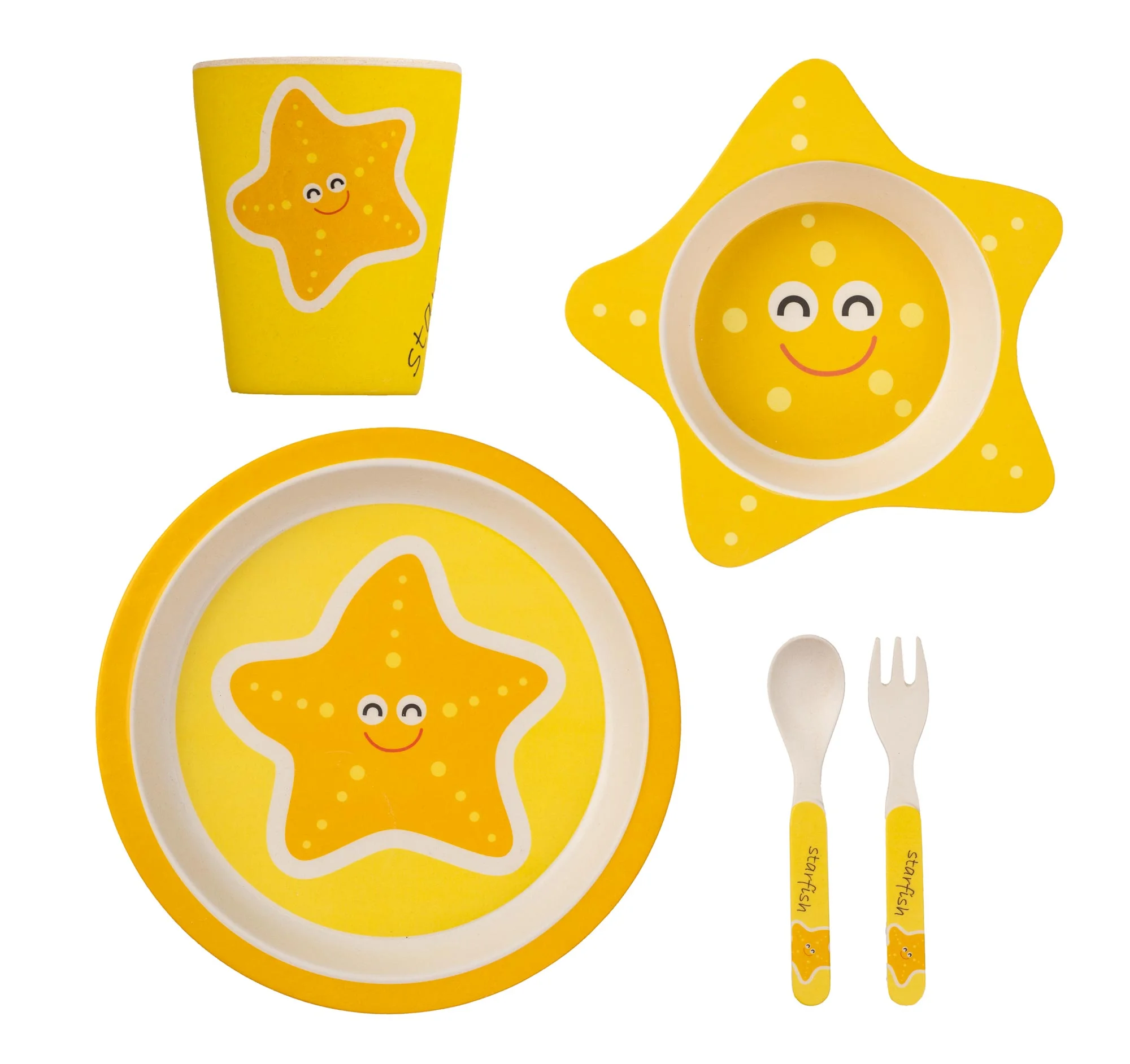 TheClearConscience Bamboo kids dinnerware set I 5 pieces tableware set I Starfish with cutlery I bowl, drinking cup, plate, fork and spoon, reusable, natural material, BPA free, dishwasher safe, new