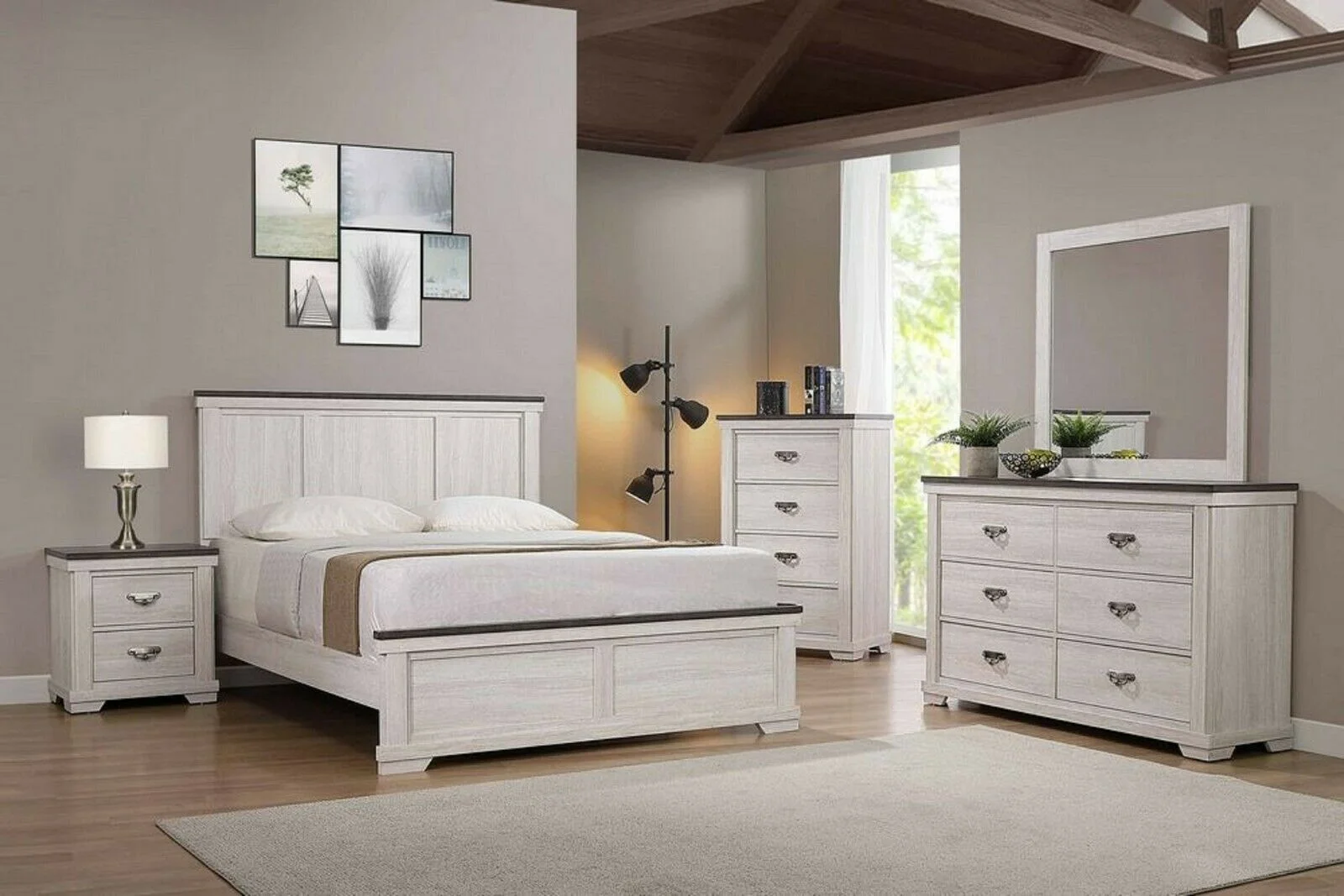 Antique White Brown Finish 6pc King Size Panel Bed Dresser Mirror 2x Nightstand Chest Bedroom Furniture Set