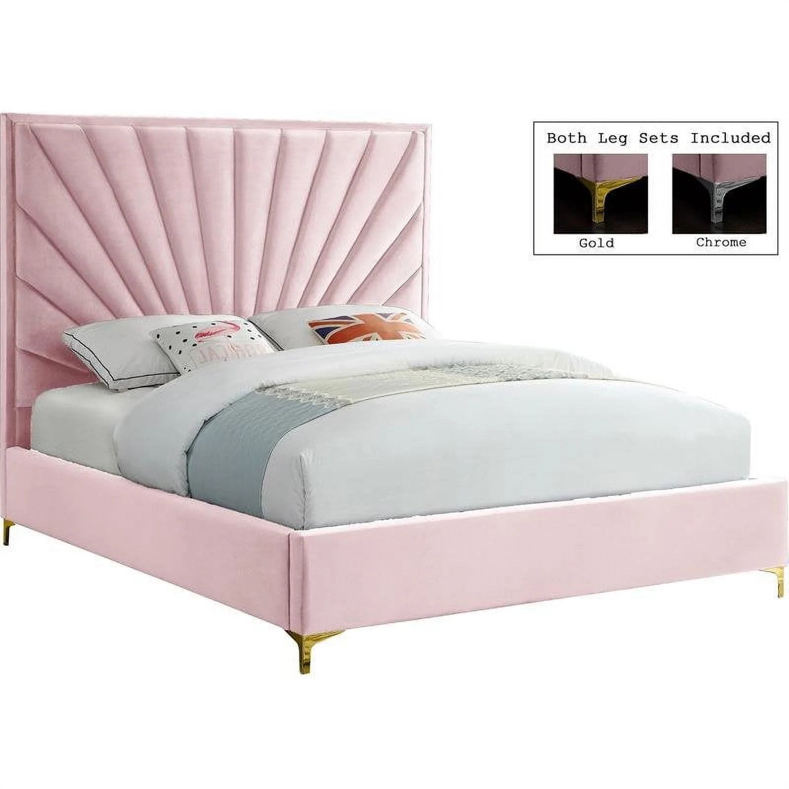 Maklaine Contemporary Solid Wood and Velvet Queen Bed in Pink