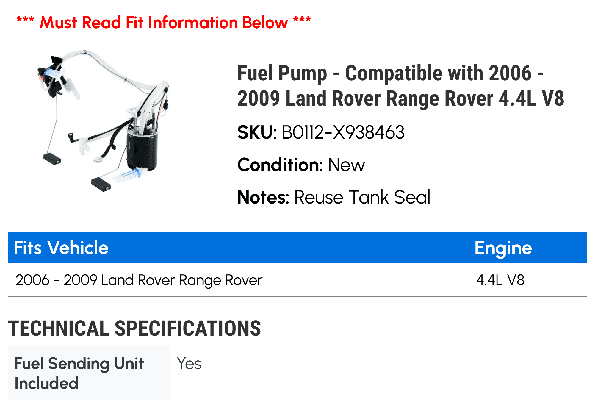 Fuel Pump - Compatible with 2006 - 2009 Land Rover Range Rover 4.4L V8 2007 2008