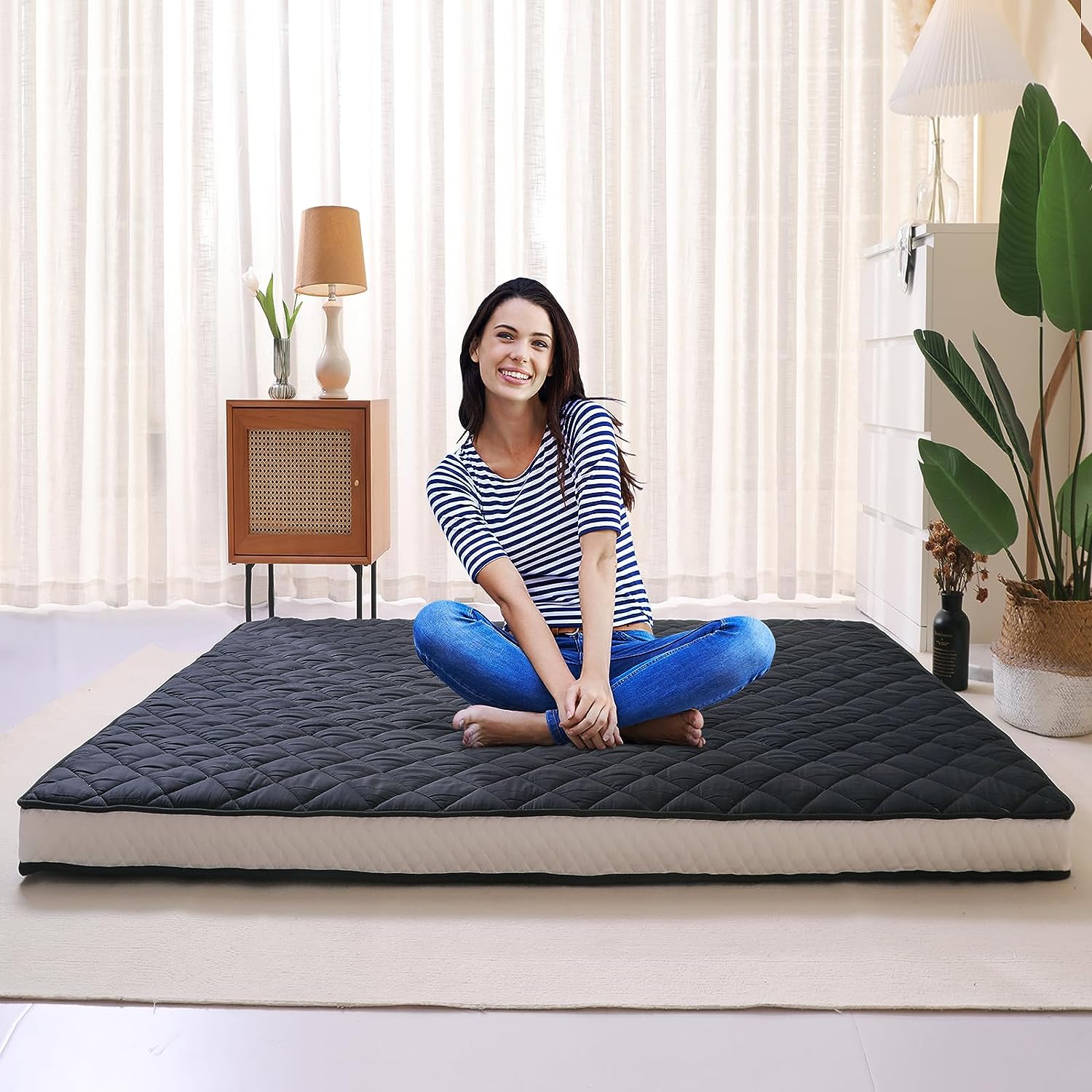 FICISOG Japanese Futon Mattress, Living Room Futon Quilted Bed Mattress Topper, Queen