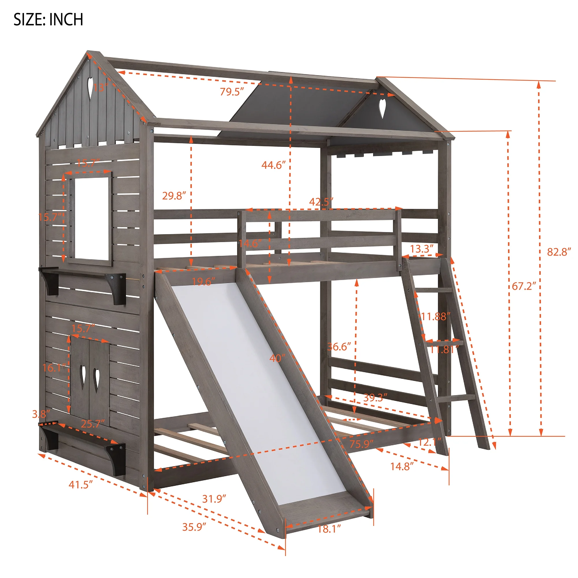 CoSoTower Twin Over Twin Bunk Bed Wood Bed With Roof, Window, Slide, Ladder, Antique Gray