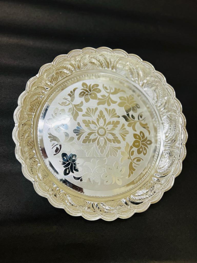 Pure Silver Floral Design Plate 420g, Handmade Solid Silver Plate, Idols Puja Prasadam (Foods) Plates Puja Article, Silver Gifting Utensils